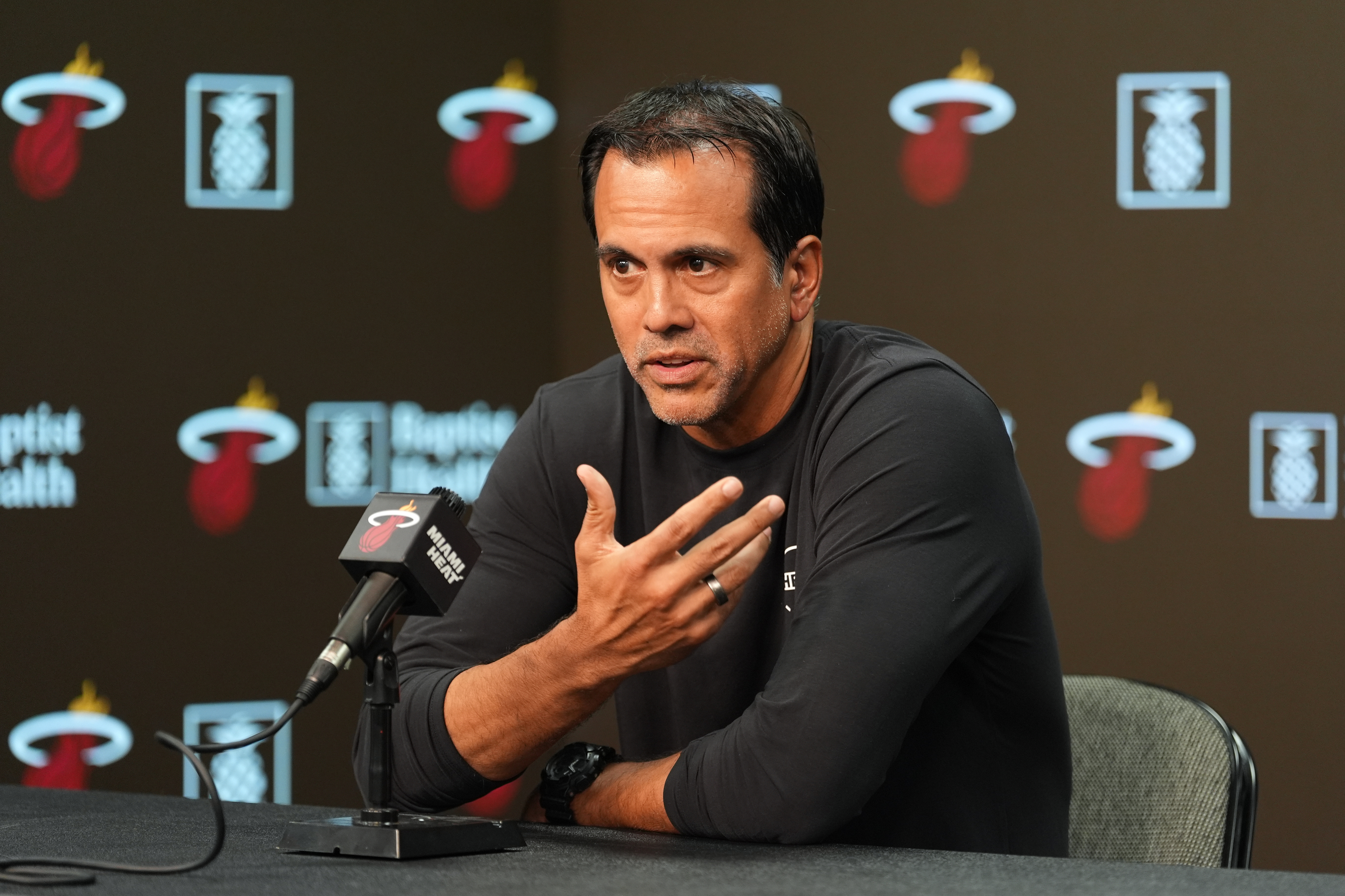 Miami Heat head coach Erik Spoelstra speaks to the media ahead of a preseason NBA basketball game against the Milwaukee Bucks, Monday, Oct. 6, 2025, in Miami. 