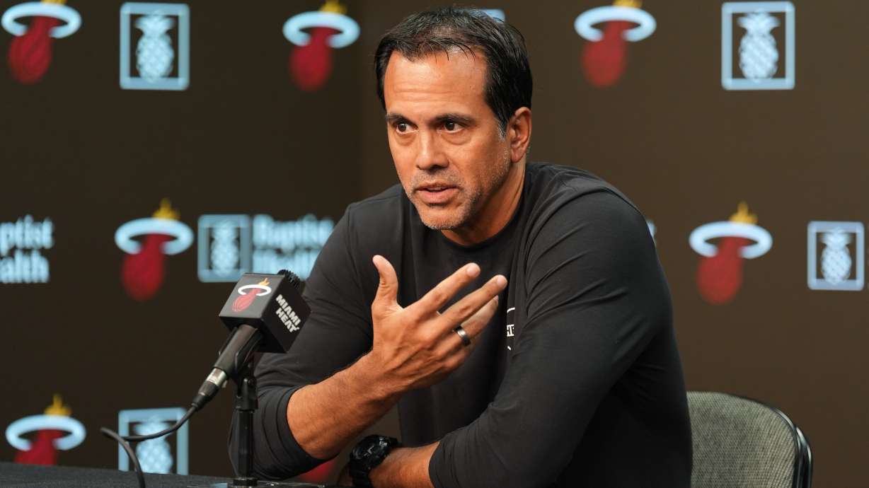 Miami Heat head coach Erik Spoelstra speaks to the media ahead of a preseason NBA basketball game against the Milwaukee Bucks, Monday, Oct. 6, 2025, in Miami.