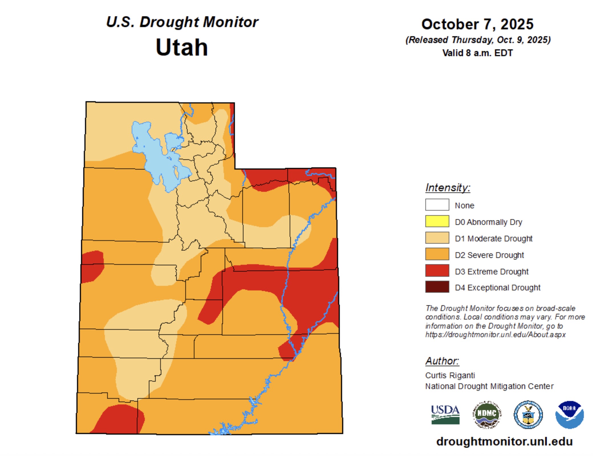 A map of Utah's drought situation as of Thursday. Many parts of the Wasatch Front moved from severe to moderate drought after last weekend's storm.