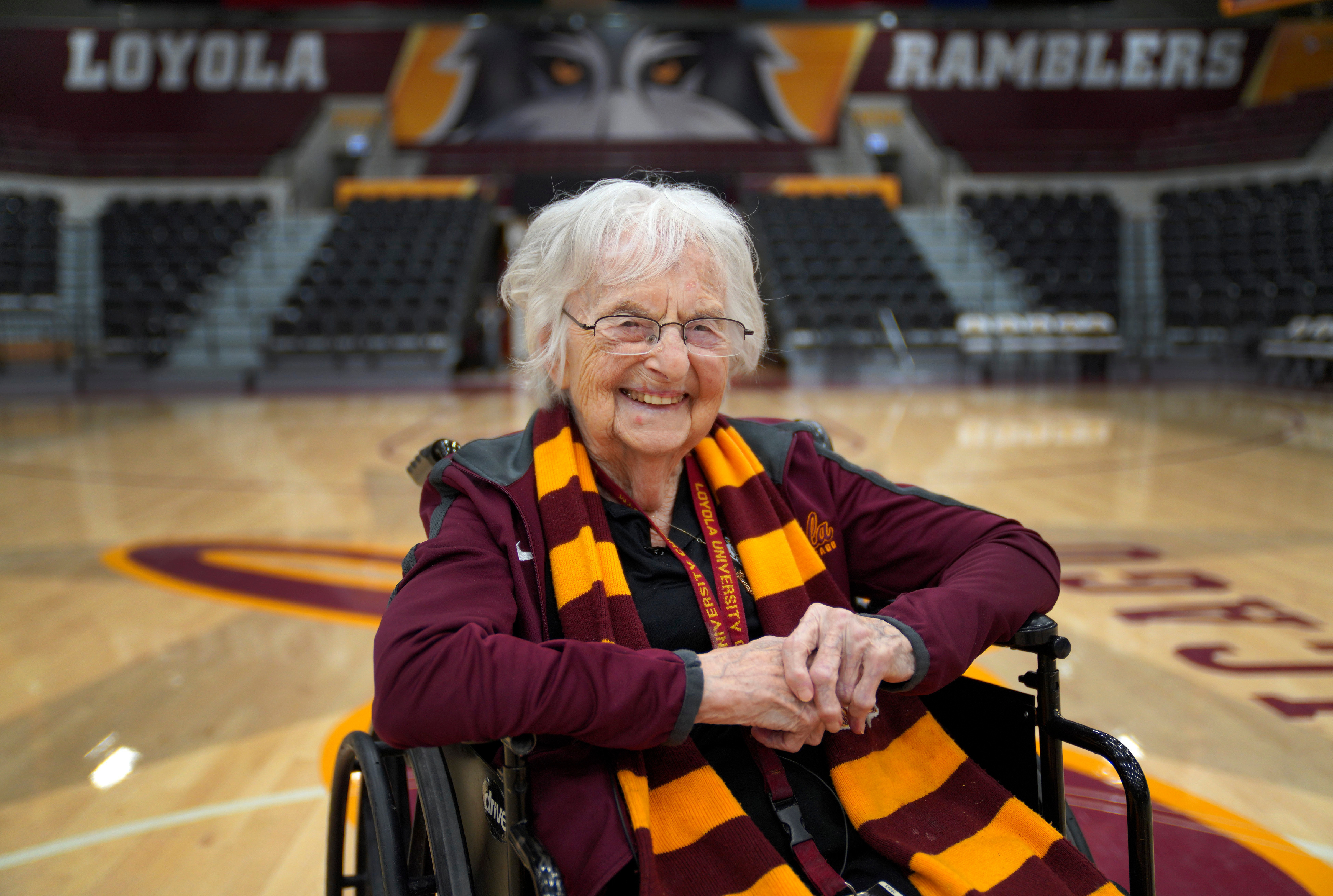 FILE - Sister Jean Dolores Schmidt, the Loyola University men's basketball chaplain and school celebrity, sits for a portrait in The Joseph J. Gentile Arena, on Monday, Jan. 23, 2023, in Chicago. T