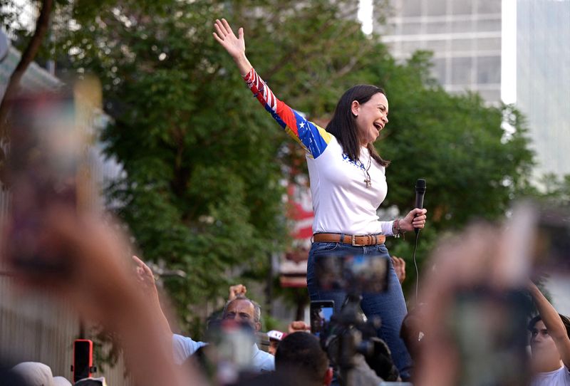 Venezuelan opposition leader Maria Corina Machado addresses supporters at a protest in Caracas, Venezuela Jan. 9. She won the 2025 Nobel Peace Prize on Friday.