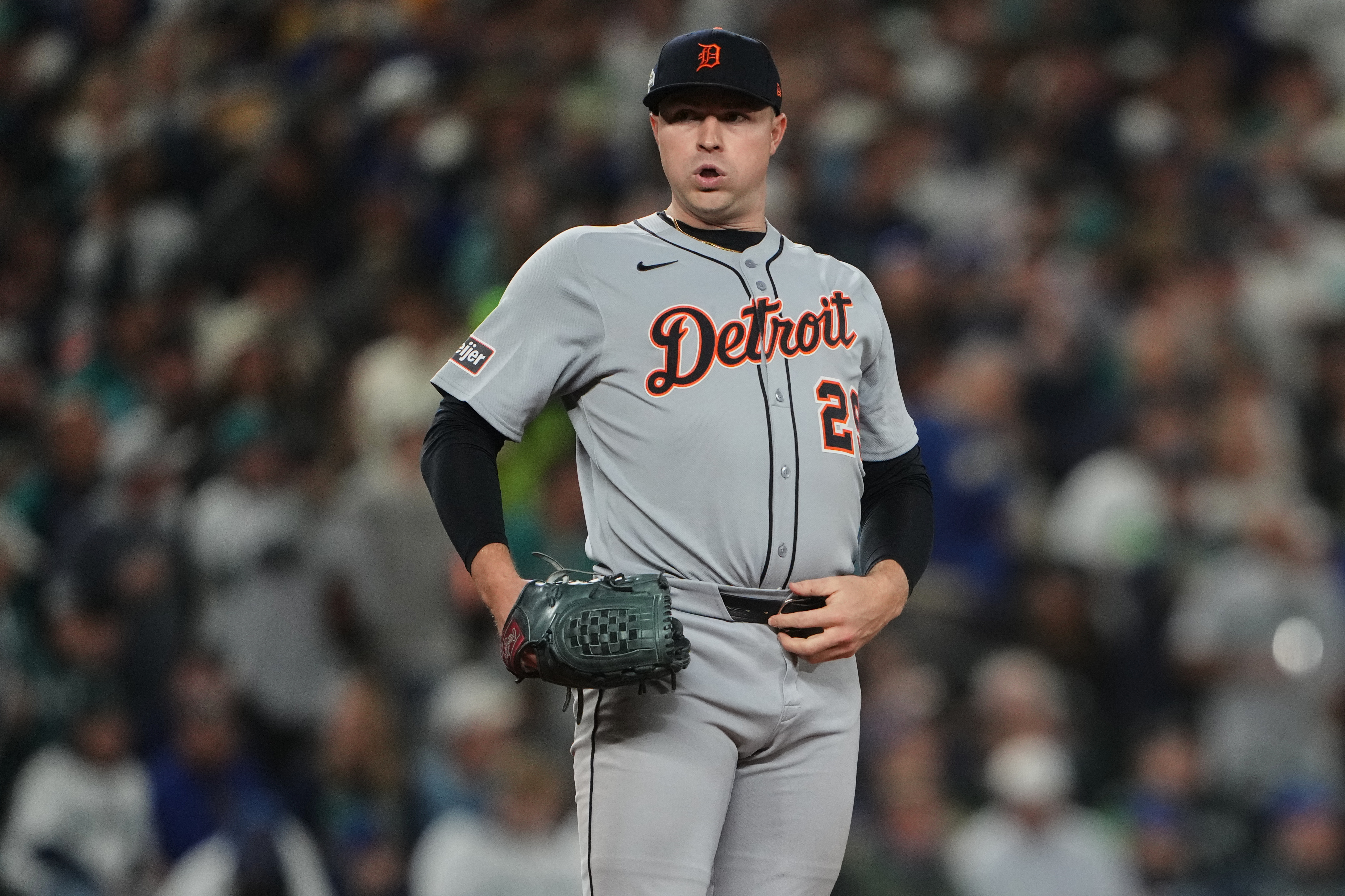 Detroit Tigers starting pitcher Tarik Skubal reacts after giving up a single to Seattle Mariners designated hitter Mitch Garver during the seventh inning in Game 2 of baseball's American League Division Series, Sunday, Oct. 5, 2025, in Seattle.