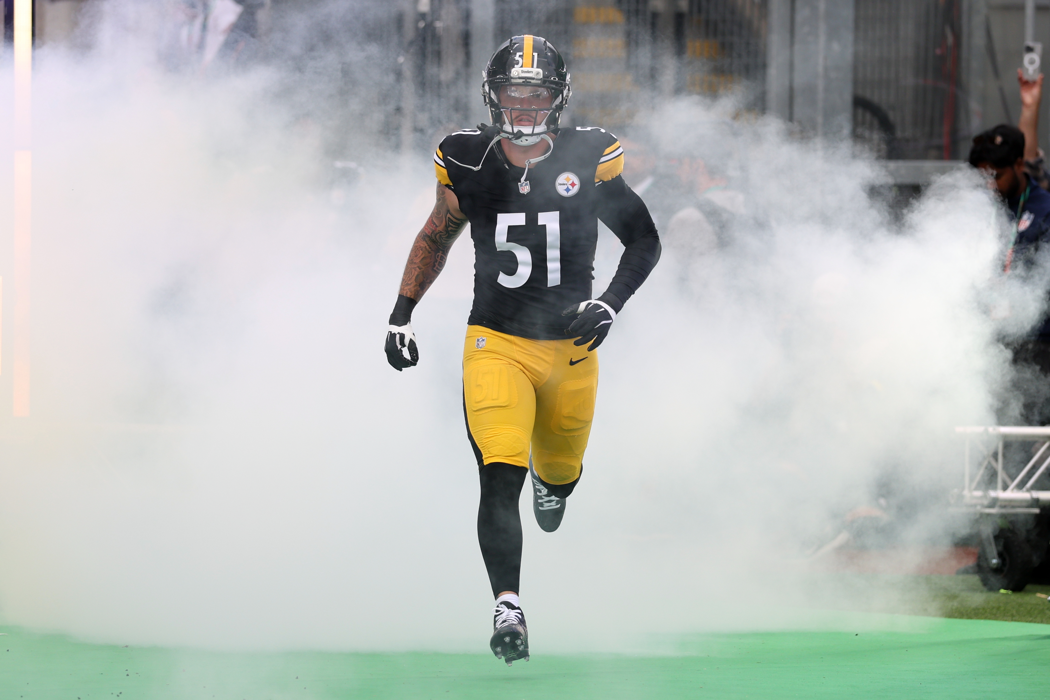 Pittsburgh Steelers linebacker Nick Herbig (51) enters the field for the NFL football game between Minnesota Vikings and Pittsburgh Steelers at Croke Park stadium in Dublin, Sunday, Sept. 28, 2025.