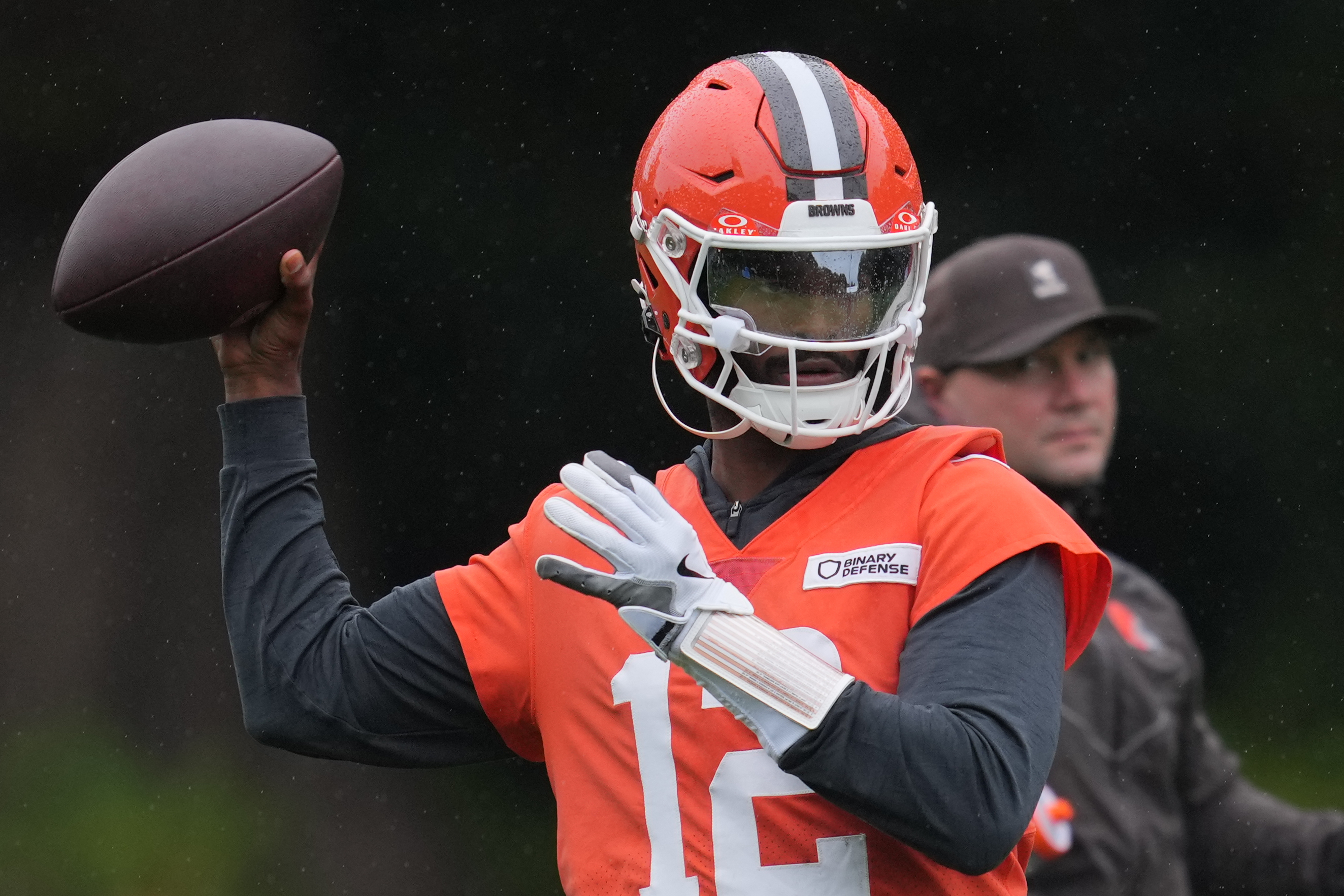 Cleveland Browns quarterback Shedeur Sanders (12) attends an NFL football practice at The Grove in Watford, England, Friday, Oct. 3, 2025.