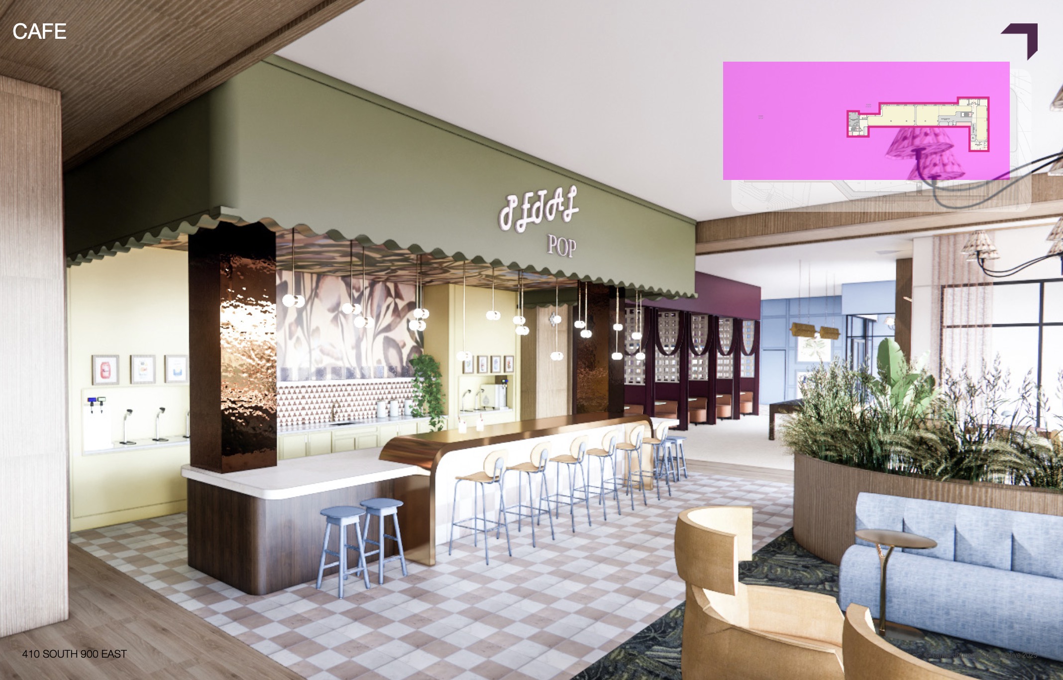 A rendering of a cafe within the proposed new student apartment complex at the site of an old OfficeMax store in Salt Lake City. The cafe would be open to the public and not just residents, project officials said.
