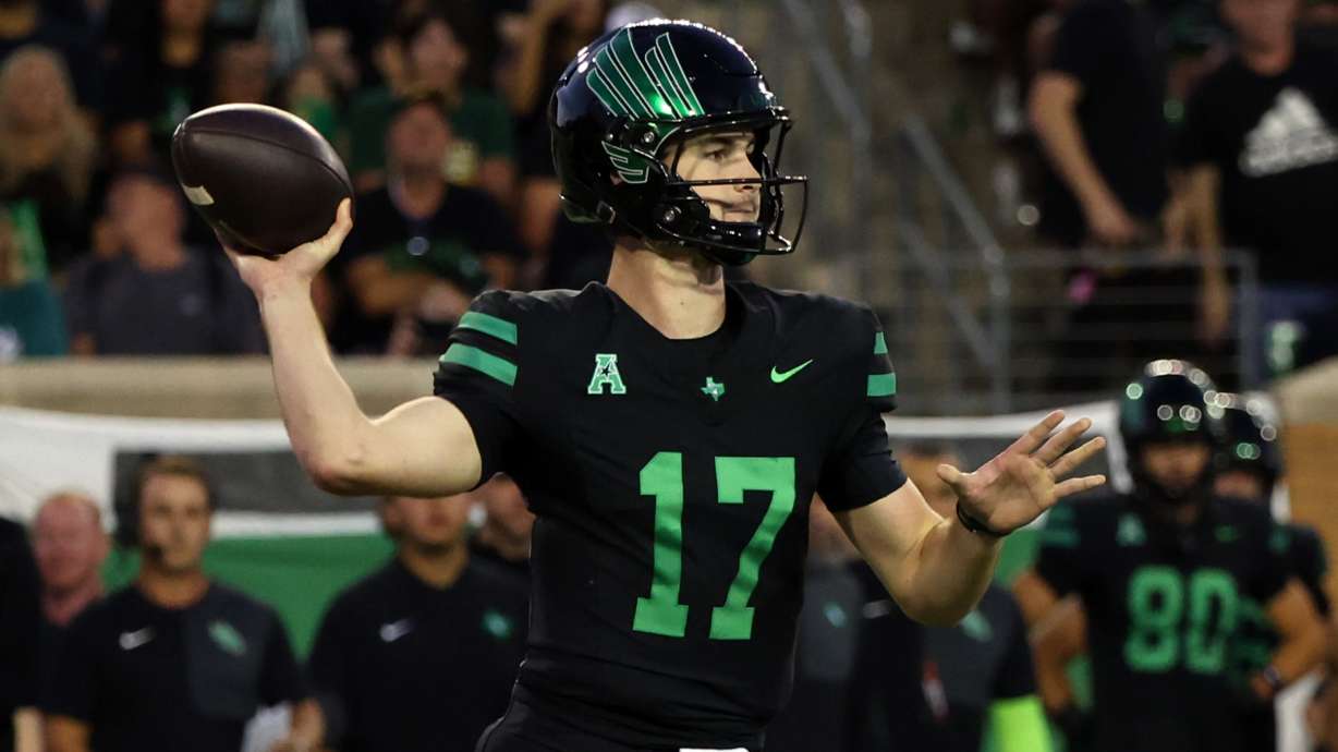 North Texas quarterback Drew Mestemaker (17) looks to throw a pass against South Florida during an NCAA college football game Friday, Oct. 10, 2025, in Denton, Texas.