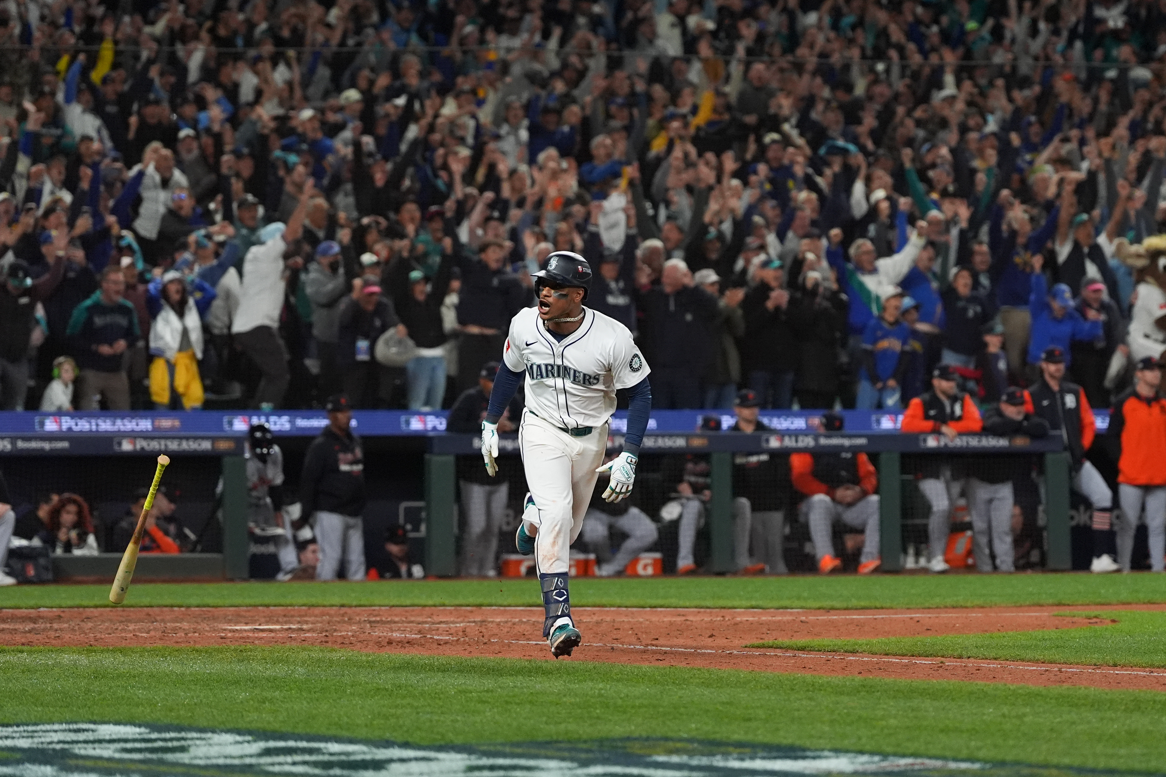 Seattle Mariners second baseman Jorge Polanco reacts after hitting an RBI-single for shortstop J.P. Crawford to score the game-winning run during the 15th inning in Game 5 of baseball's American League Division Series against the Detroit Tigers, Friday, Oct. 10, 2025, in Seattle. 