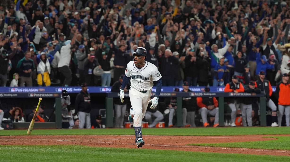 Seattle Mariners second baseman Jorge Polanco reacts after hitting an RBI-single for shortstop J.P. Crawford to score the game-winning run during the 15th inning in Game 5 of baseball's American League Division Series against the Detroit Tigers, Friday, Oct. 10, 2025, in Seattle.