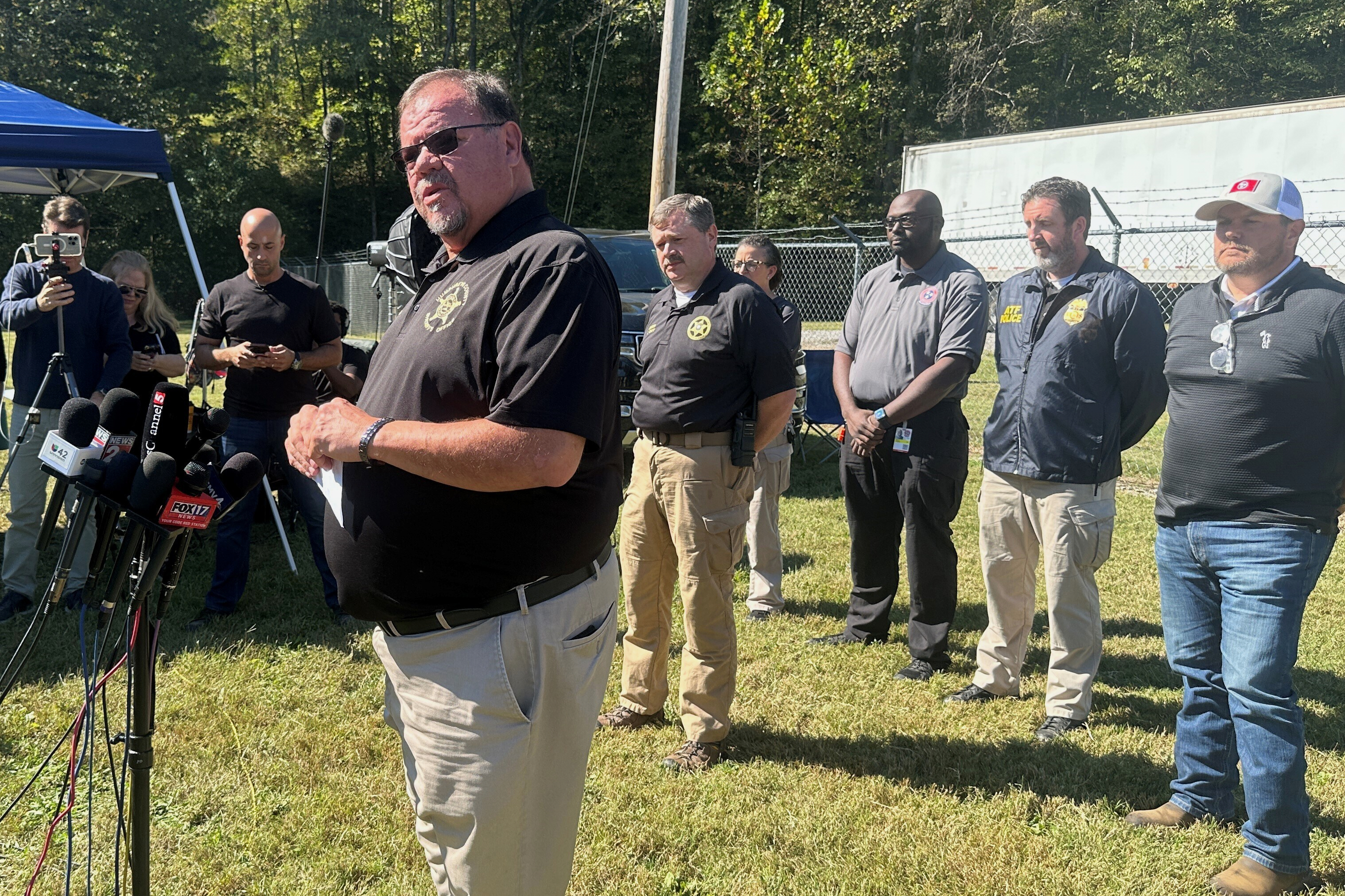 Humphreys County Sheriff Chris Davis speaks during a news conference on Saturday, in McEwen, Tenn. Davis said no survivors were recovered from an explosion at Accurate Energy Systems on Friday.