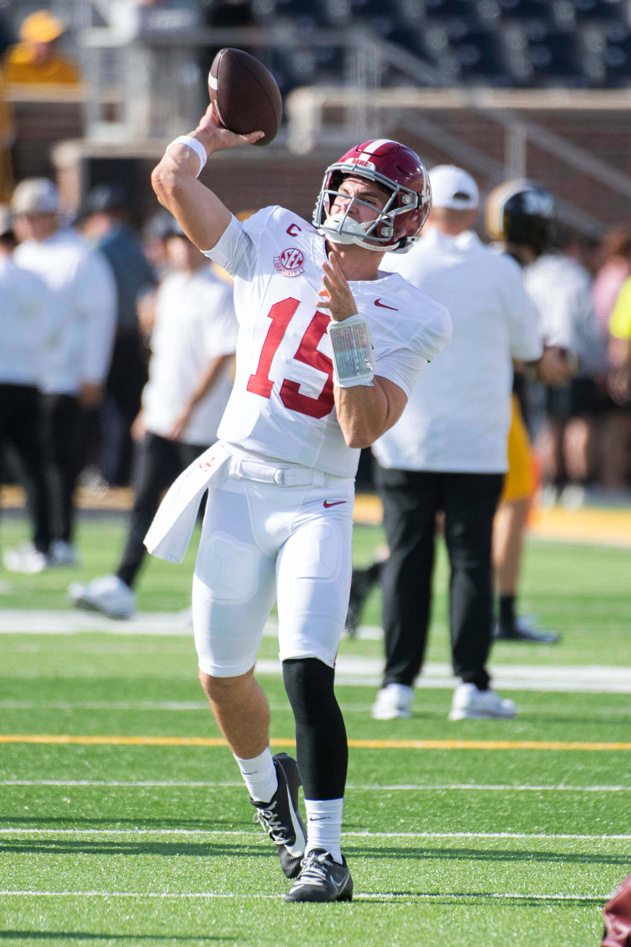 Alabama quarterback Ty Simpson warms up before an NCAA college football game Saturday, Oct. 11, 2025, in Columbia, Mo.