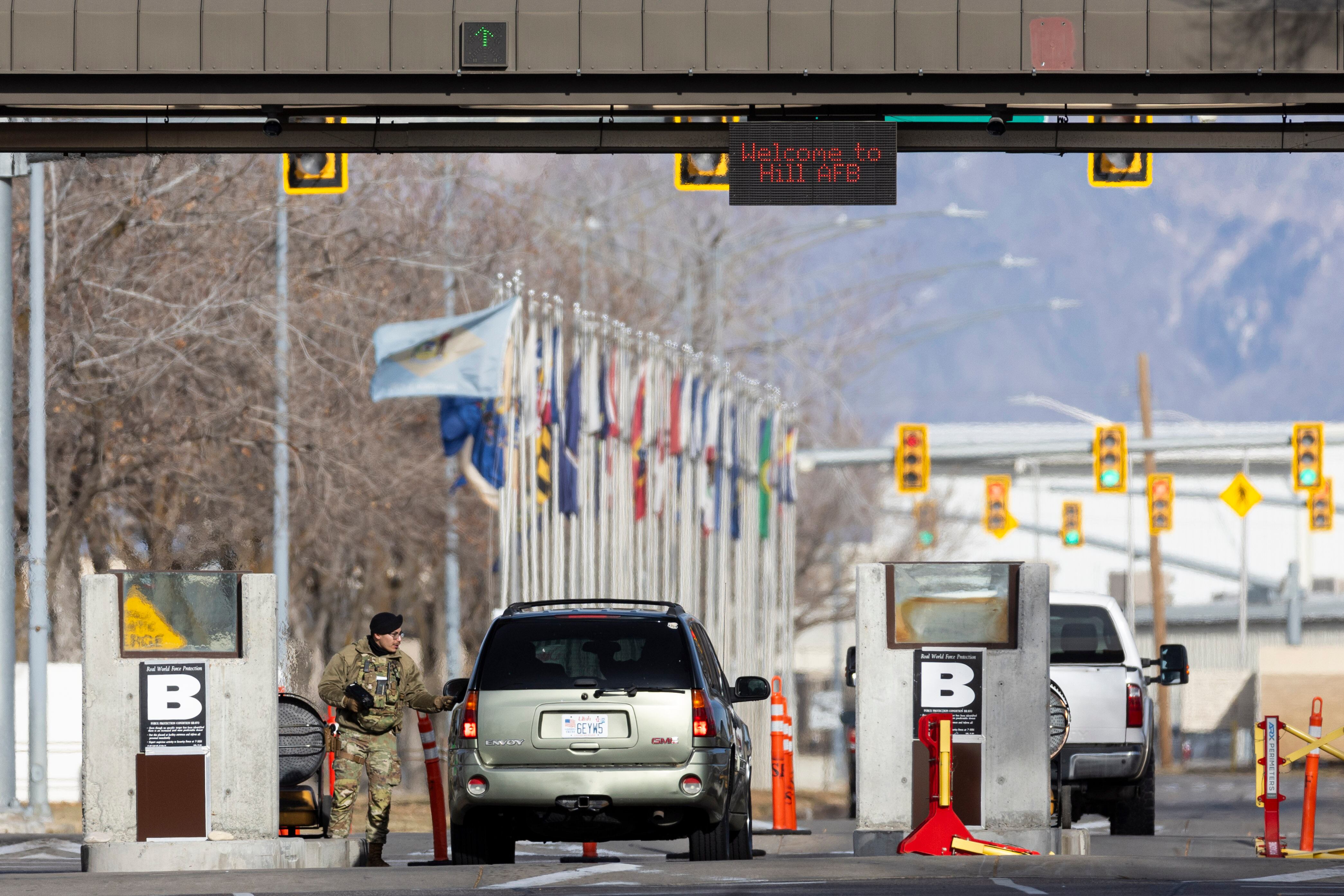 The south gate of Hill Air Force Base northeast of Clearfield on Dec. 11, 2024. Sen. John Curtis' proposal to modernize pay for federal workers was shot down on Friday.