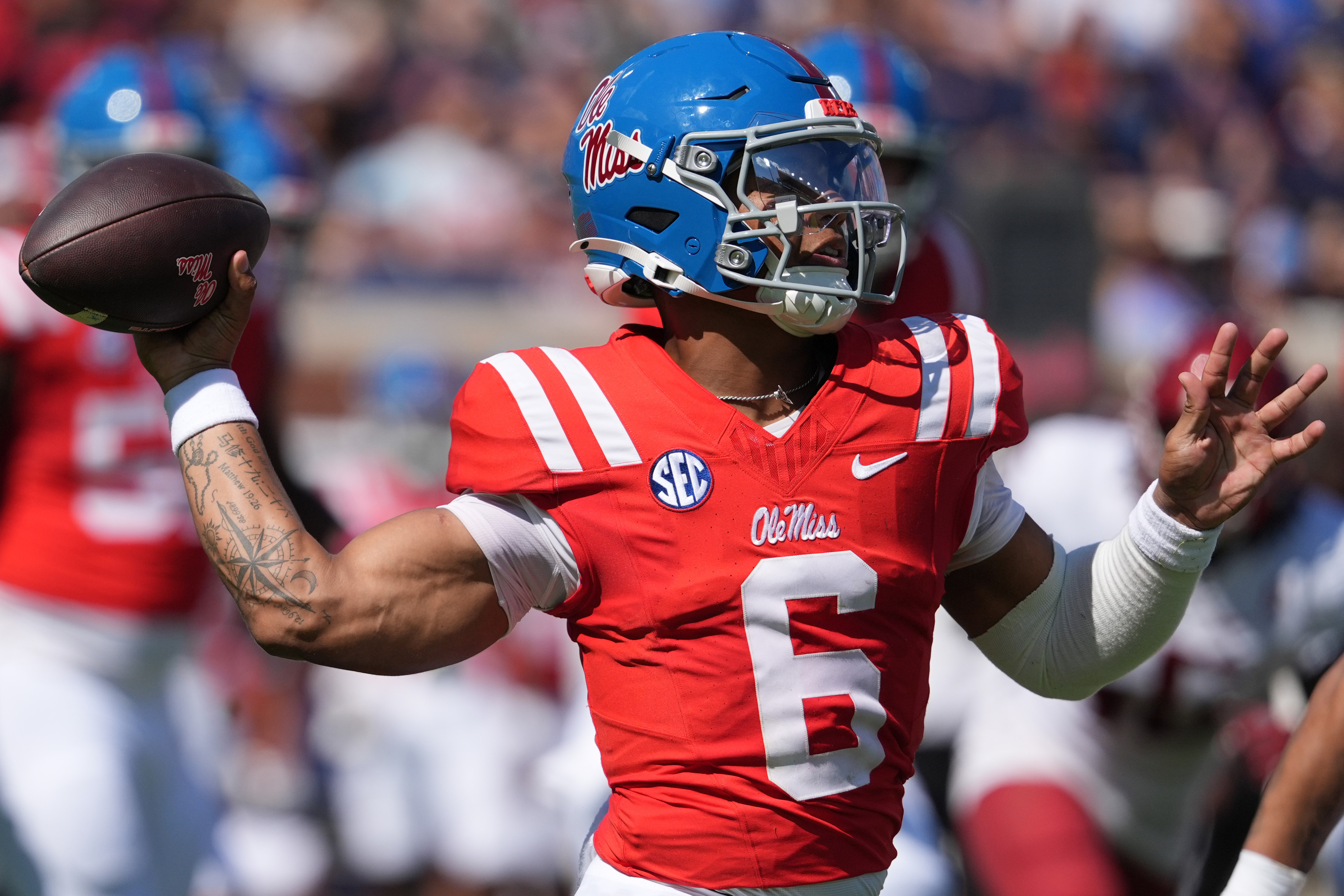 Mississippi quarterback Trinidad Chambliss (6) throws a pass during the first half of an NCAA college football game against Washington State, Saturday, Oct. 11, 2025, in Oxford, Miss.