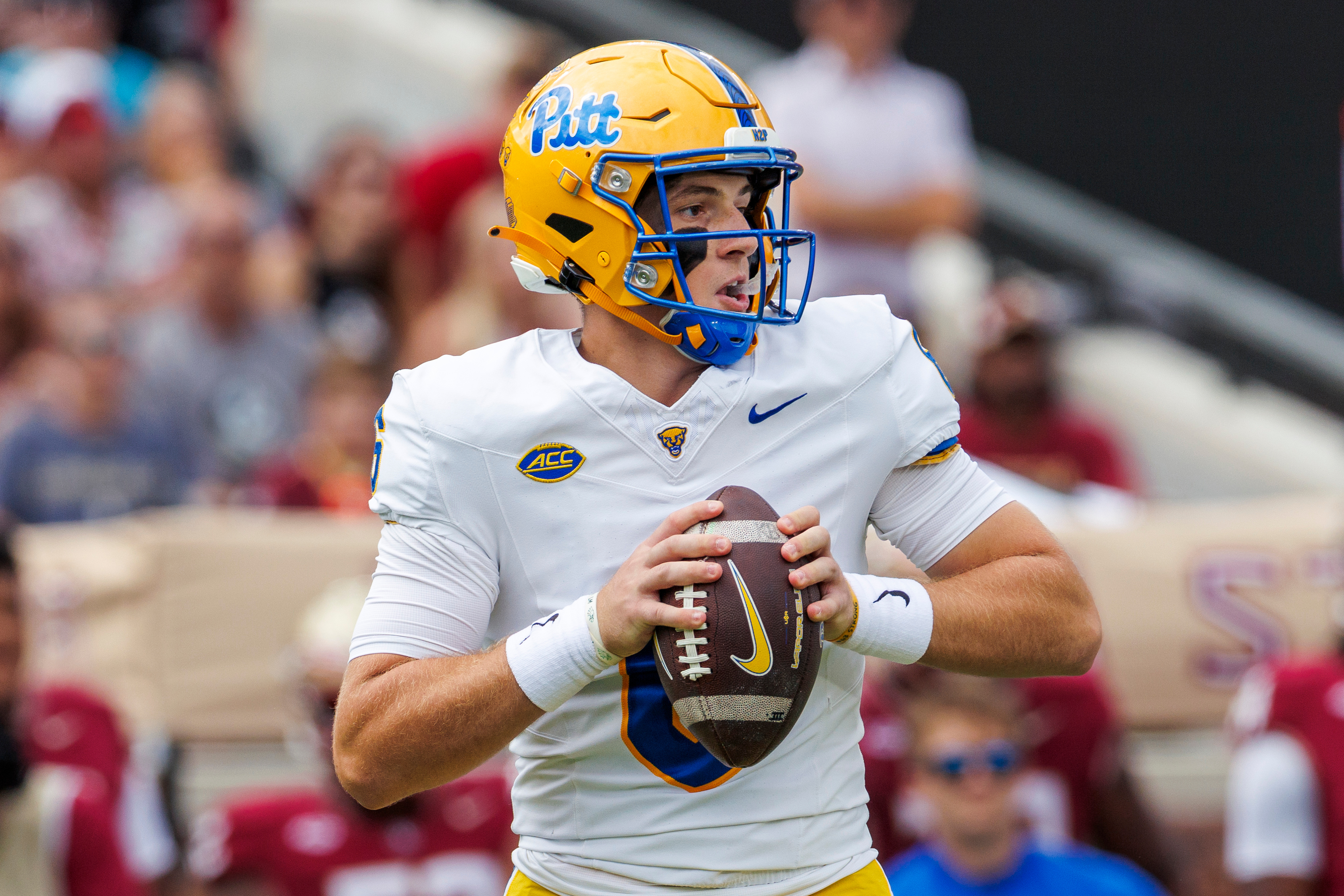 Pittsburgh quarterback Mason Heintschel (6) looks for a receiver during the first half of an NCAA college football game against Florida State, Saturday, Oct. 11, 2025, in Tallahassee, Fla. 