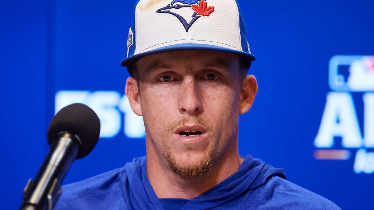 Toronto Blue Jays' Myles Straw speaks with the media ahead of Game 1 of baseball's American League Championship Series against the Seattle Mariners in Toronto, Saturday, Oct. 11, 2025.
