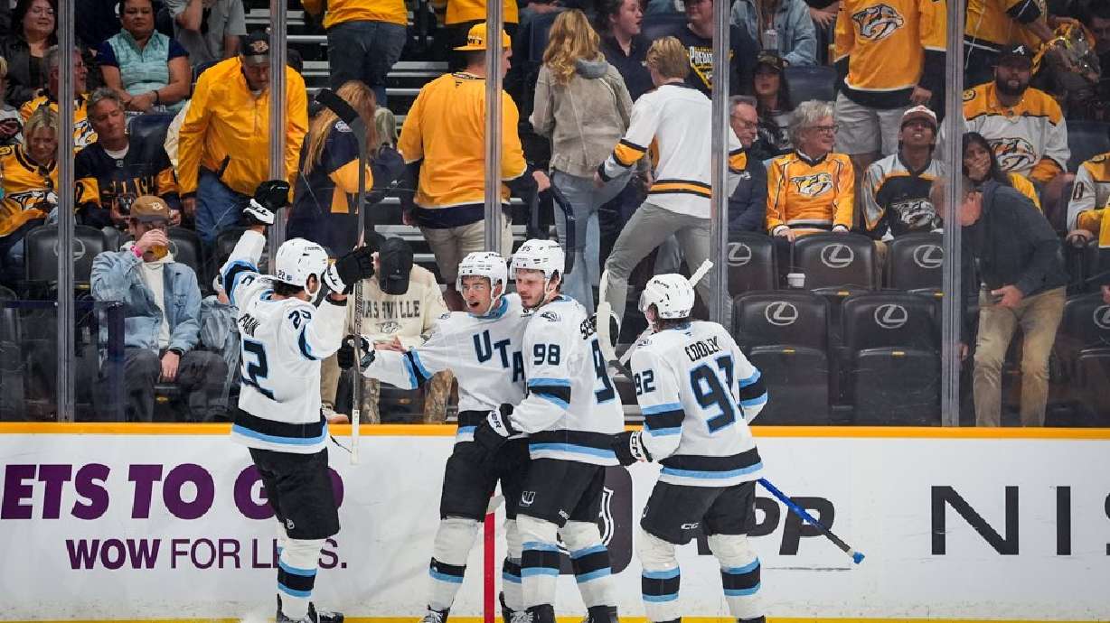 The Utah Mammoth celebrate Dylan Guenther's overtime game-winner in Nashville.