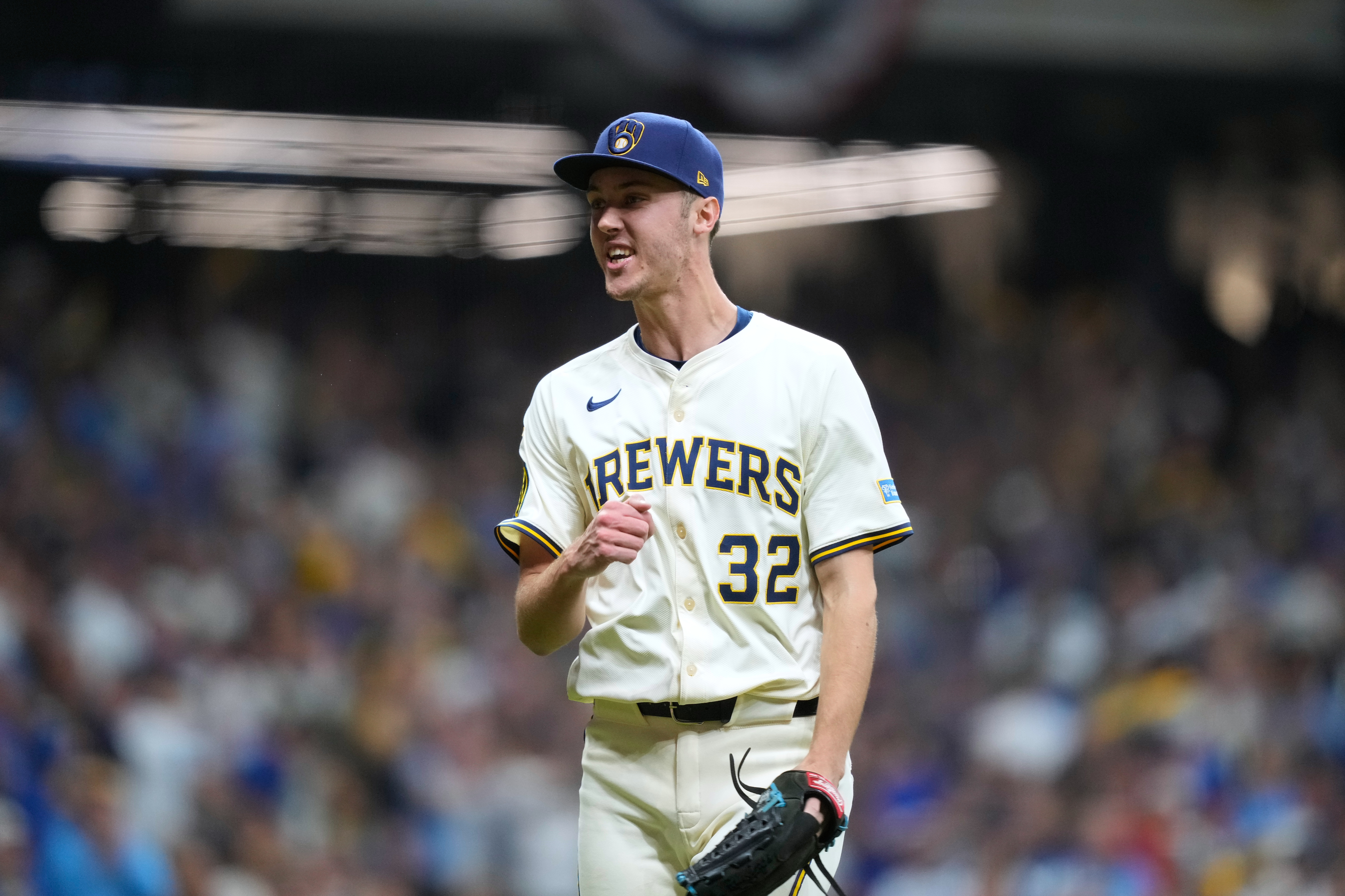 Milwaukee Brewers pitcher Jacob Misiorowski (32) reacts to an out against the Chicago Cubs during the fifth inning of Game 5 of baseball's National League Division Series, Saturday, Oct. 11, 2025, in Milwaukee. 