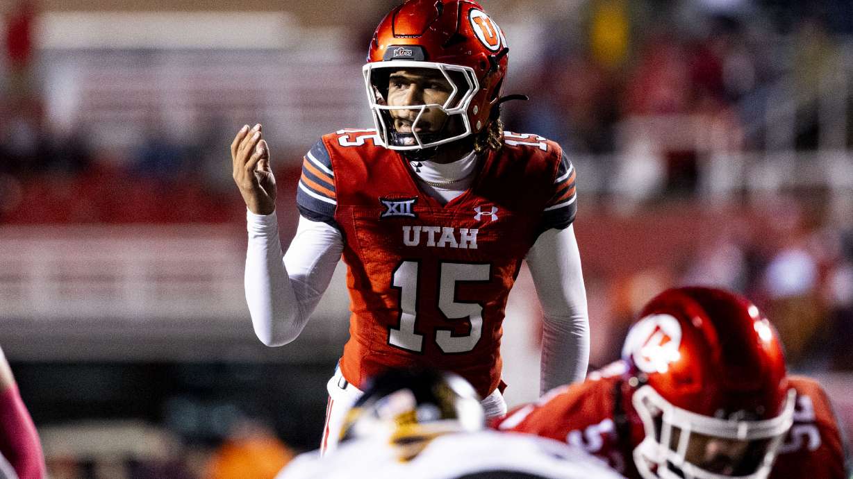 Utah quarterback Byrd Ficklin (15) calls to a player before the snap during an NCAA football game against Arizona State held at Rice-Eccles Stadium in Salt Lake City on Saturday, Oct. 11, 2025.