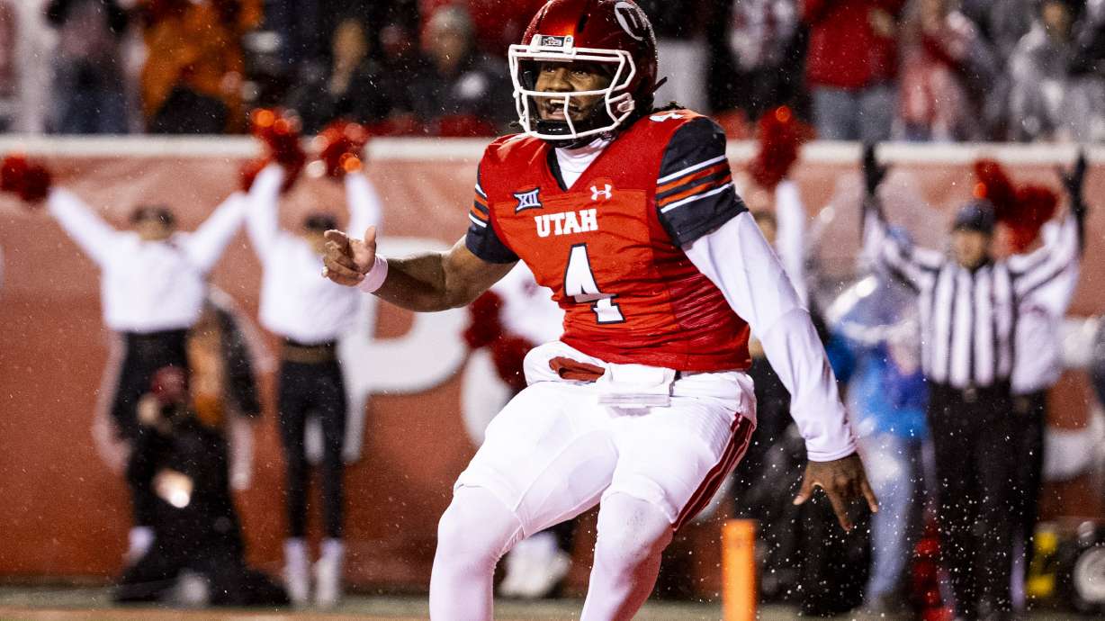 Utah quarterback Devon Dampier (4) celebrates his touchdown against Arizona State during an NCAA football game held at Rice-Eccles Stadium in Salt Lake City on Saturday, Oct. 11, 2025.