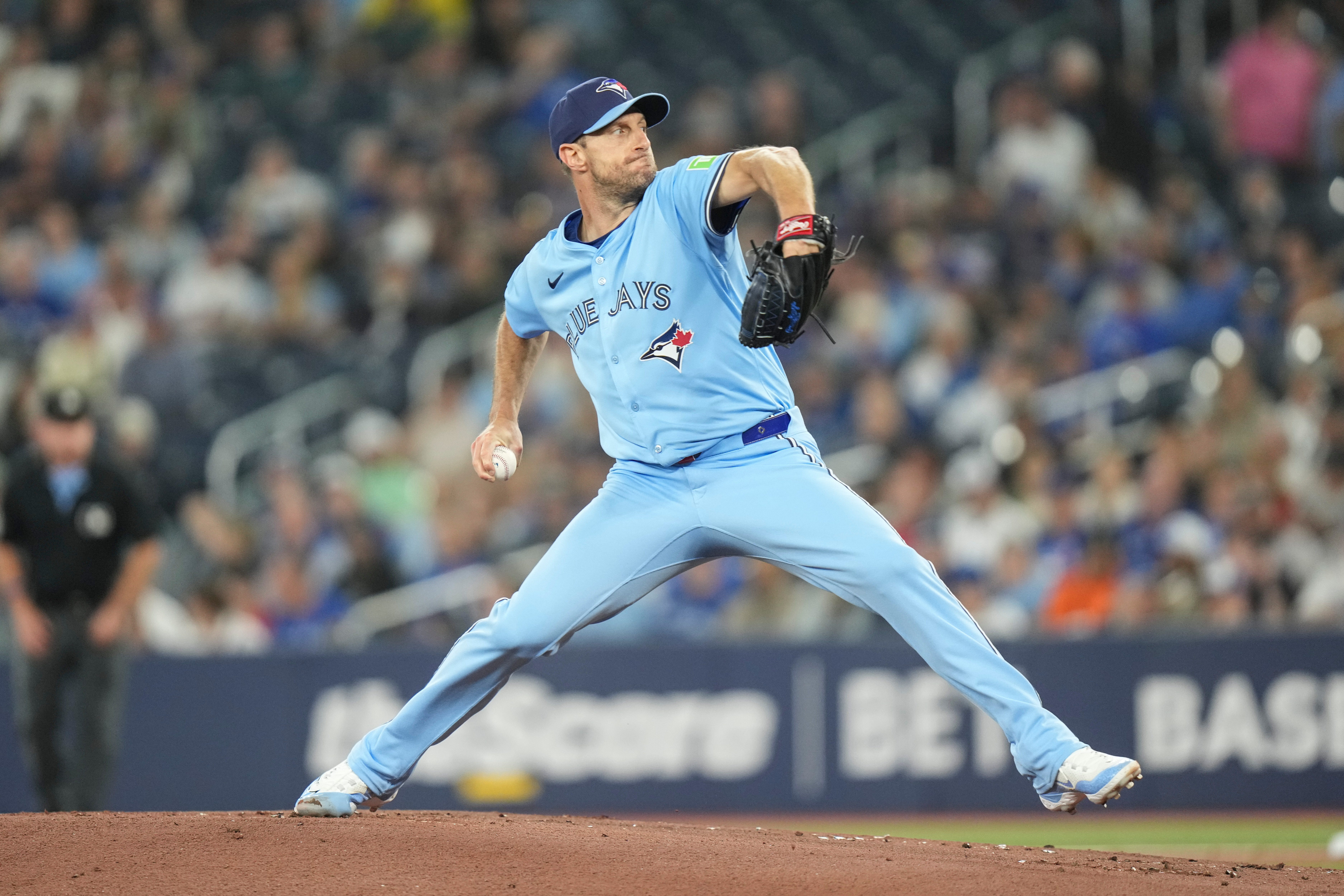 Toronto Blue Jays pitcher Max Scherzer (31) works against the Boston Red Sox during first inning MLB baseball action in Toronto on Wednesday, Sept. 24, 2025.