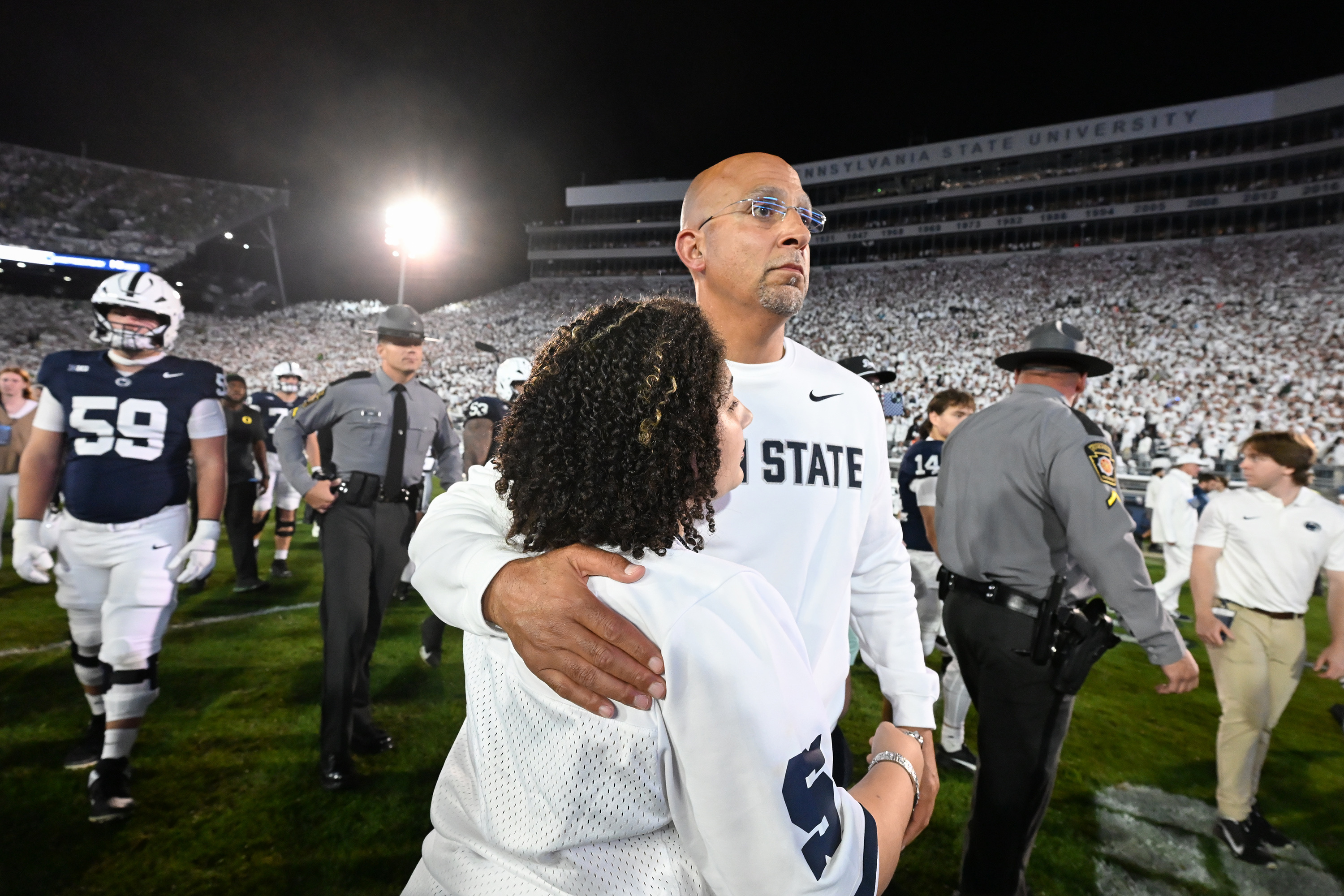 Penn State head coach James Franklin reacts after losing to Oregon in the second overtime of their NCAA college football game, Saturday, Sept. 27, 2025, in State College, Pa. 
