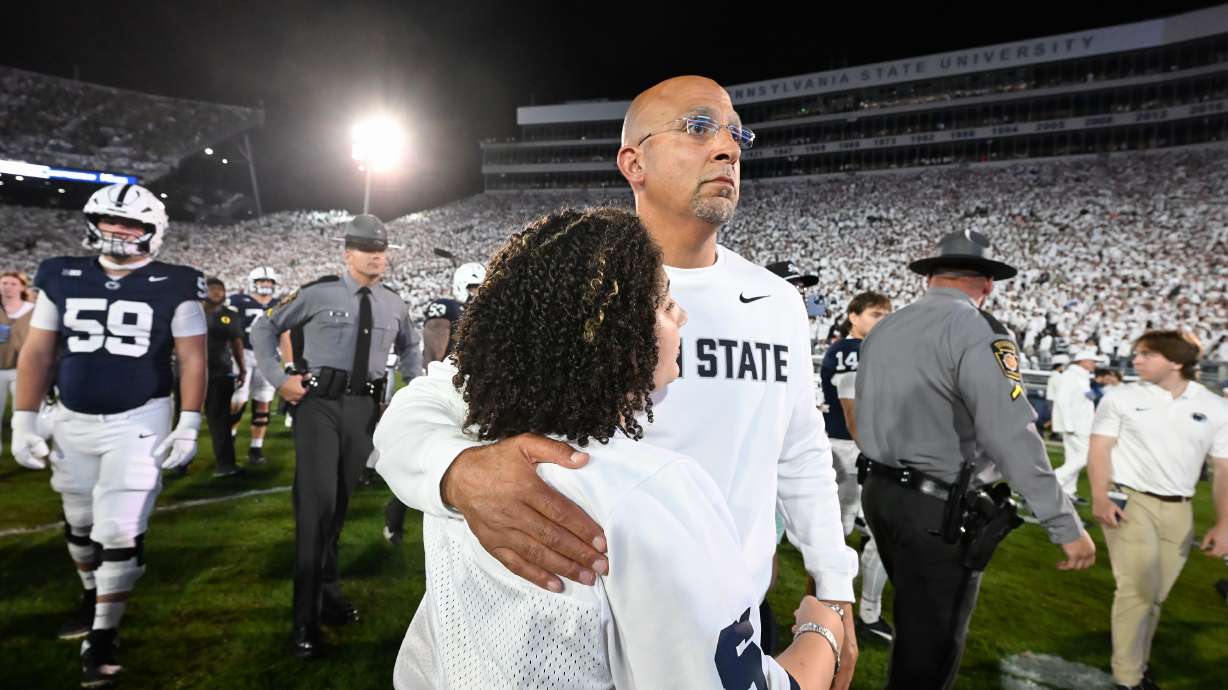 Penn State head coach James Franklin reacts after losing to Oregon in the second overtime of their NCAA college football game, Saturday, Sept. 27, 2025, in State College, Pa.