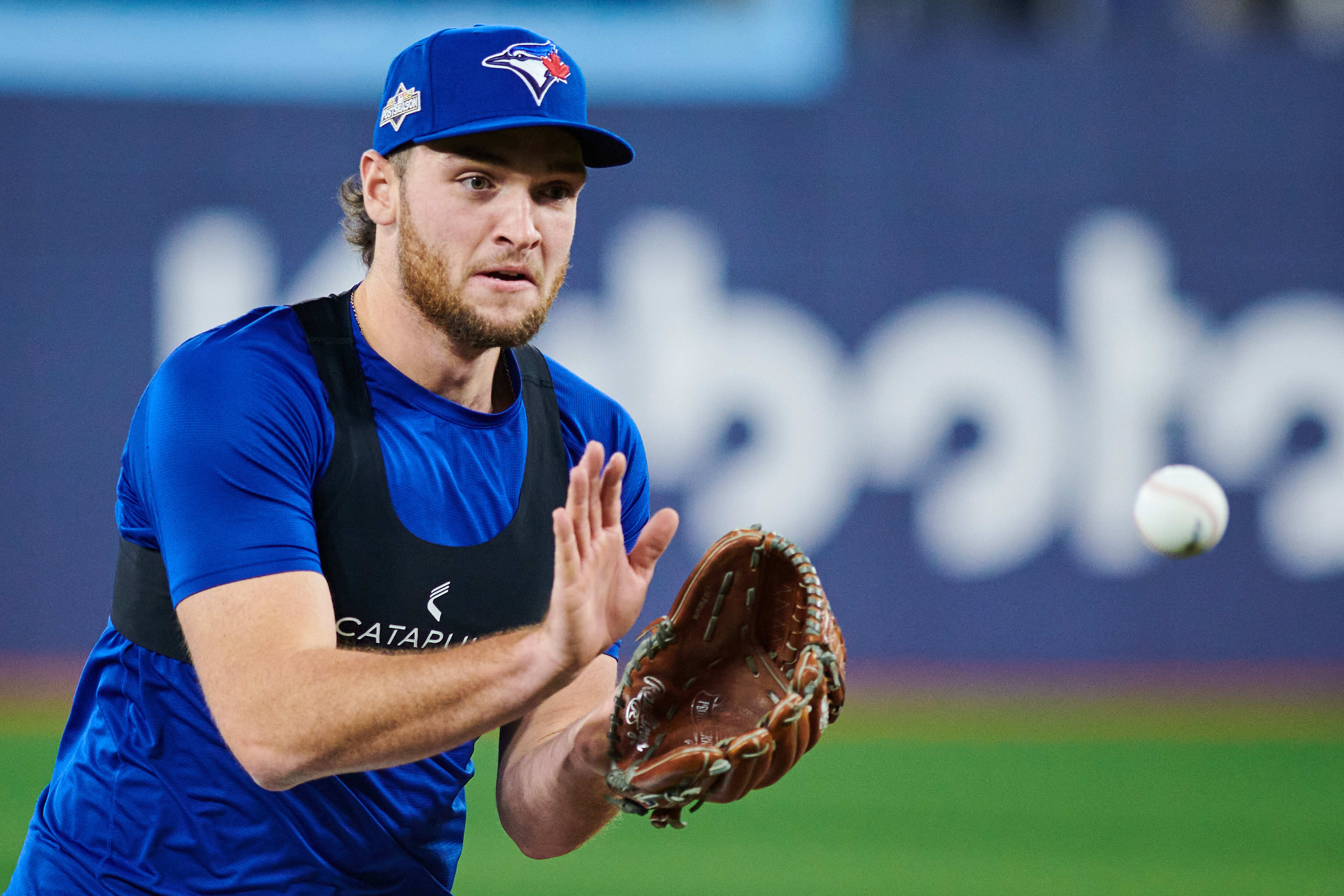Toronto Blue Jays pitcher Trey Yesavage practices with his team ahead of Game 1 of baseball's American League Championship Series against the Seattle Mariners in Toronto, Saturday, Oct. 11, 2025.