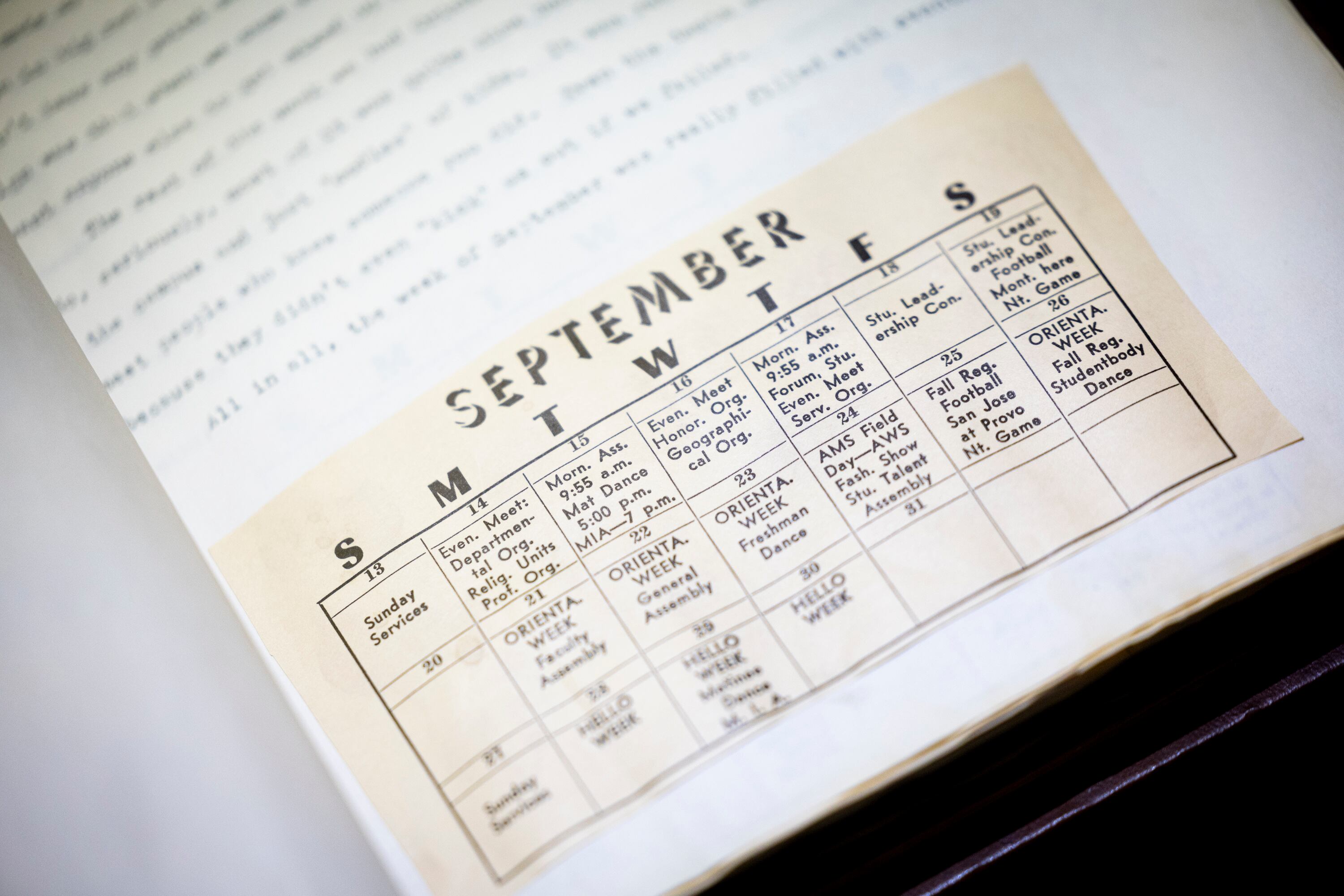 A calendar is displayed within a notebook as part of an exhibit titled, “By Study and By Faith: 150 Years of Brigham Young University,” on the first floor of the Harold B. Lee Library on the campus of BYU in Provo on Oct. 2.
