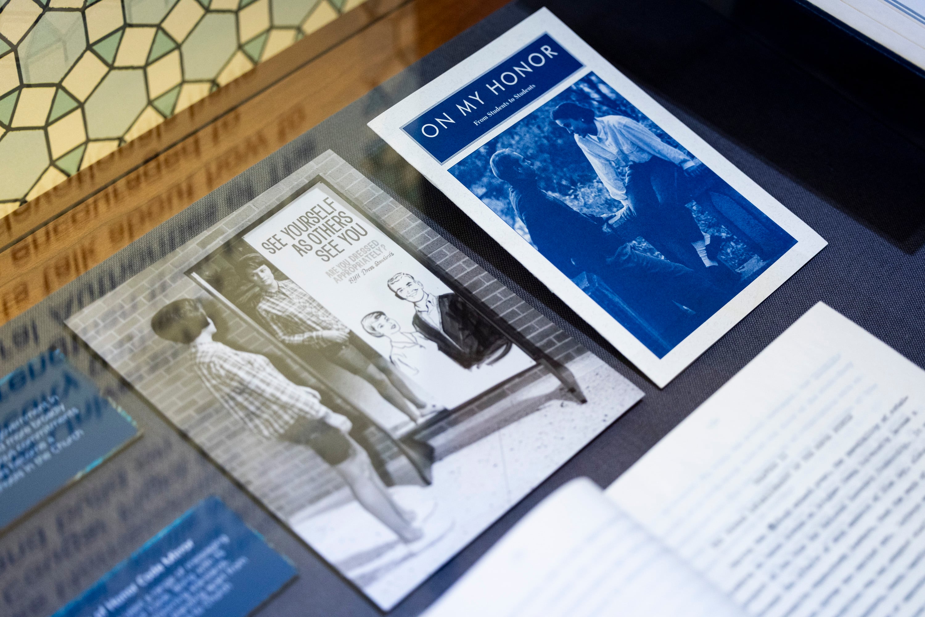 Items relating to the history of the BYU Honor Code are displayed as part of an exhibit titled, “By Study and By Faith: 150 Years of Brigham Young University,” on the first floor of the Harold B. Lee Library on the campus of BYU in Provo on Oct. 2.