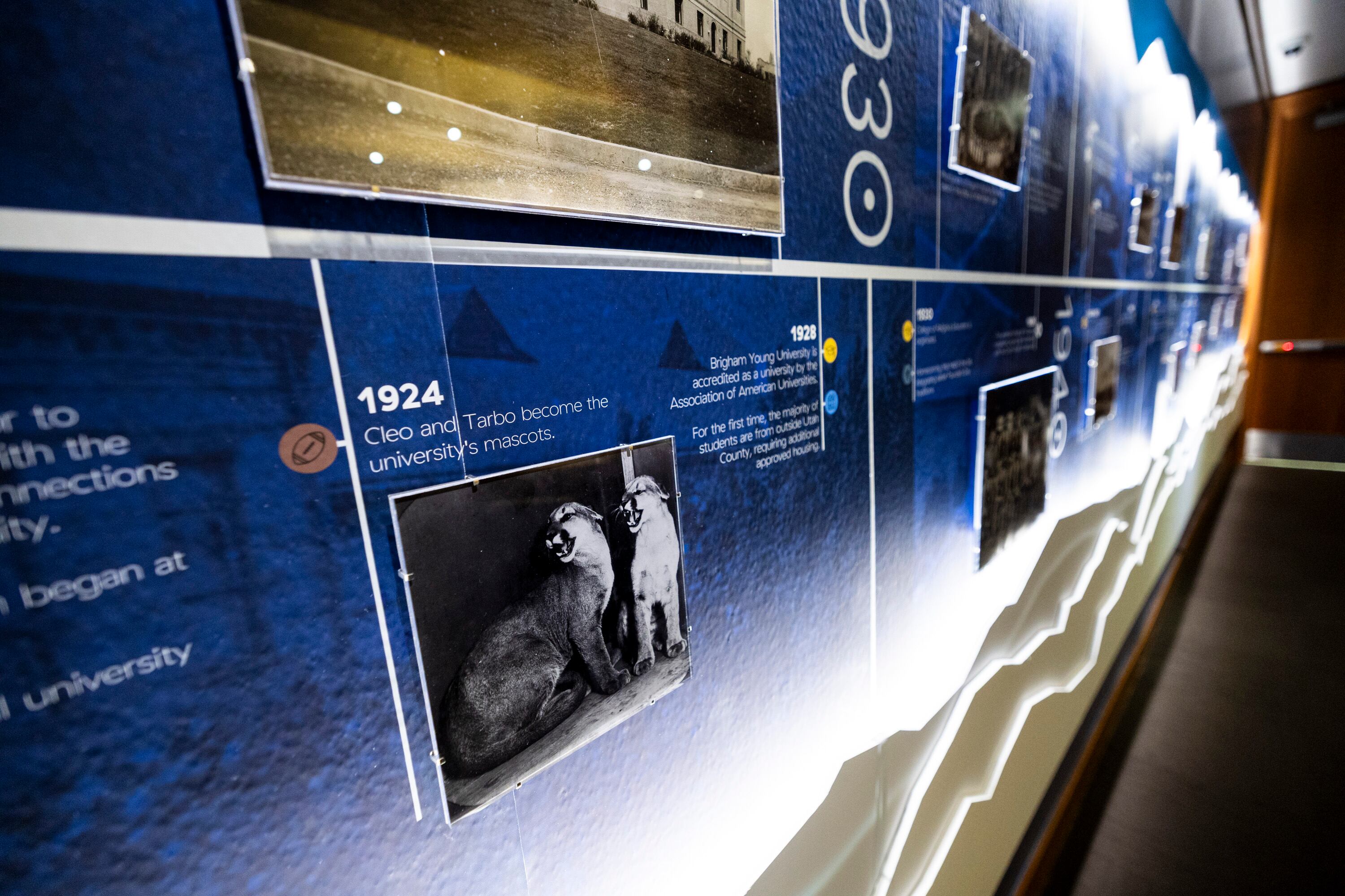 Milestones are displayed on a timeline as part of an exhibit titled, “By Study and By Faith: 150 Years of Brigham Young University,” on the first floor of the Harold B. Lee Library on the campus of BYU in Provo on Oct. 2.