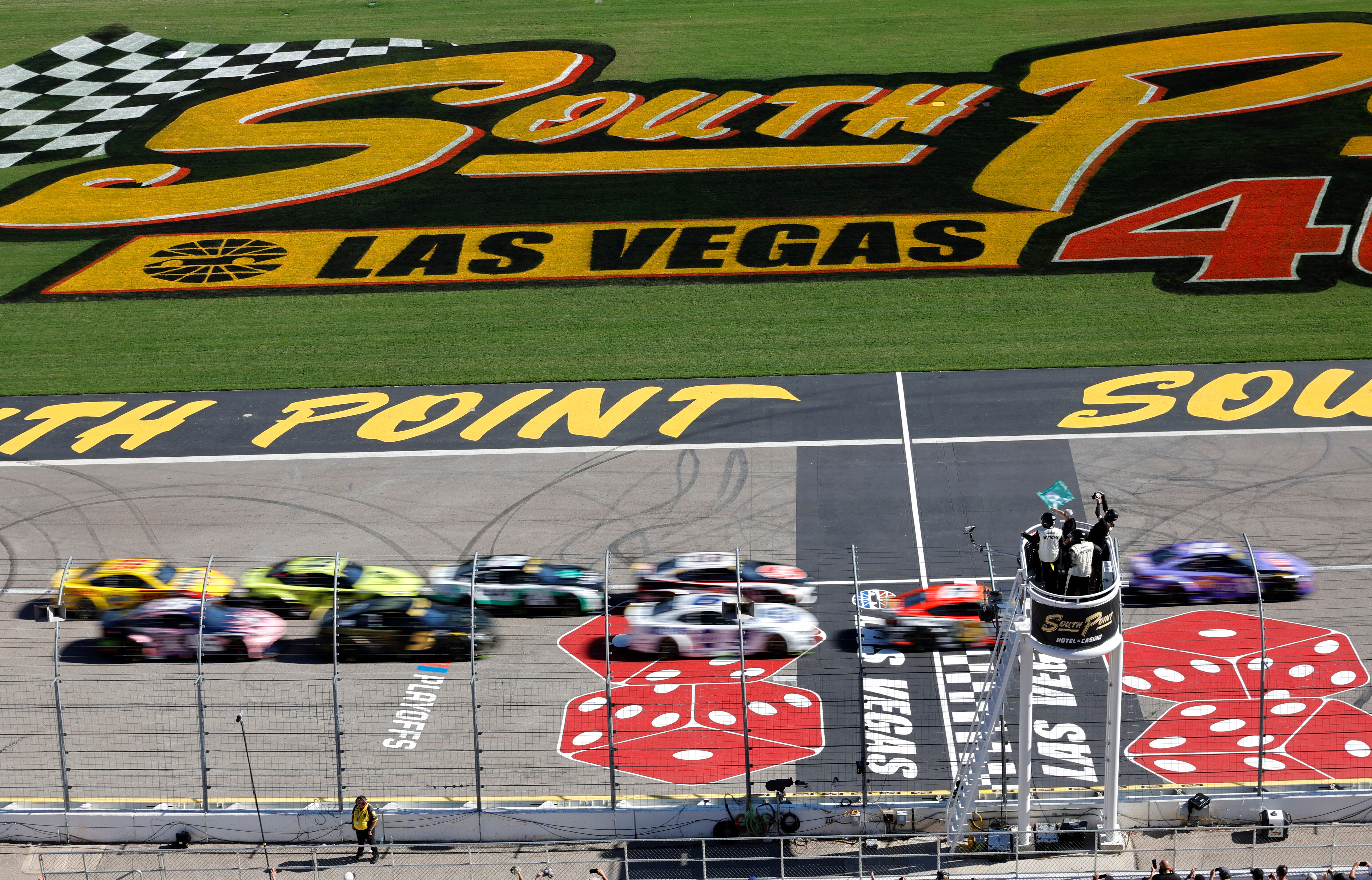 Drivers get the green flag at the start of a NASCAR Cup Series auto race Sunday, Oct. 12, 2025, in Las Vegas.