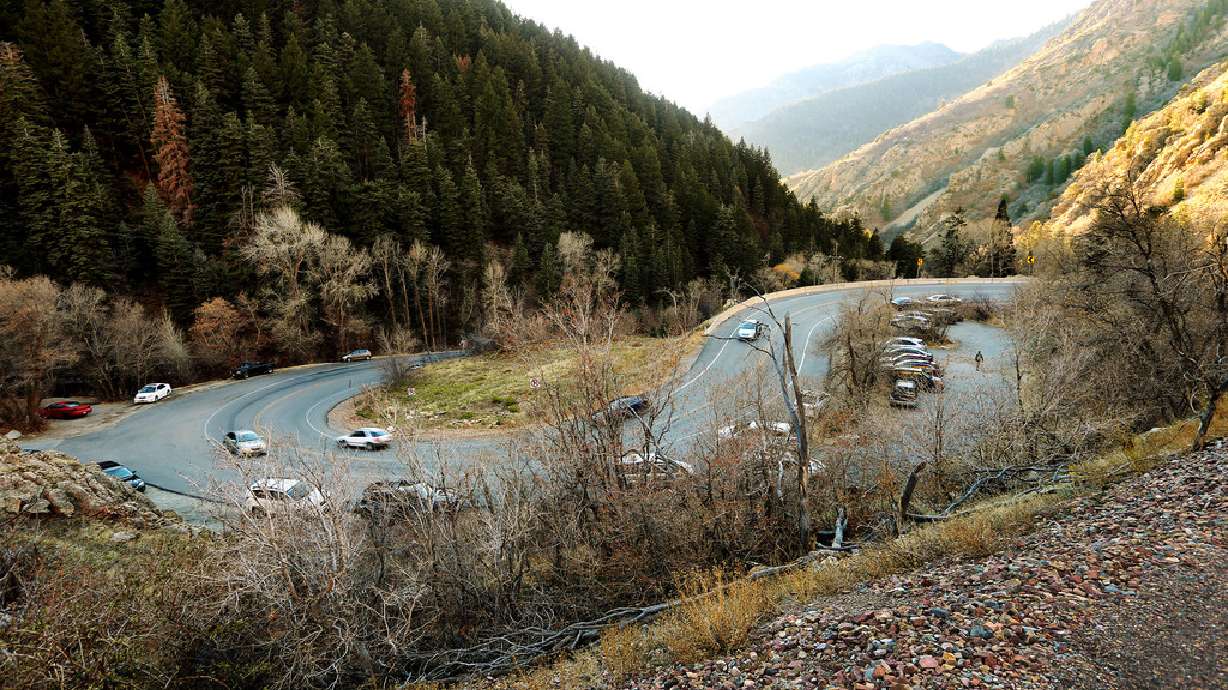 Cars line the road near the Broads Fork Trail in Big Cottonwood Canyon on Oct. 29, 2017. A family was found Sunday after not returning from a hike a day earlier.