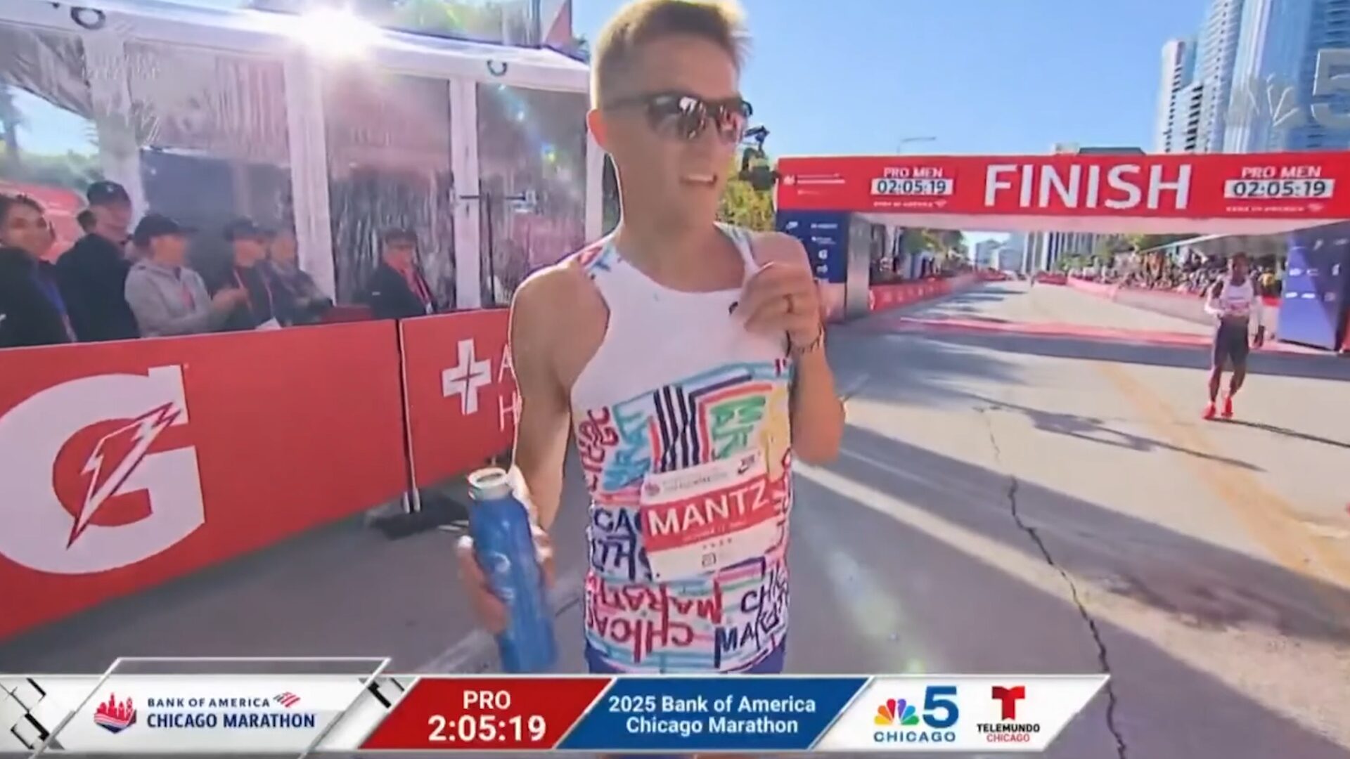 Conner Mantz is pictured at the finish line of the Chicago Marathon on Sunday.