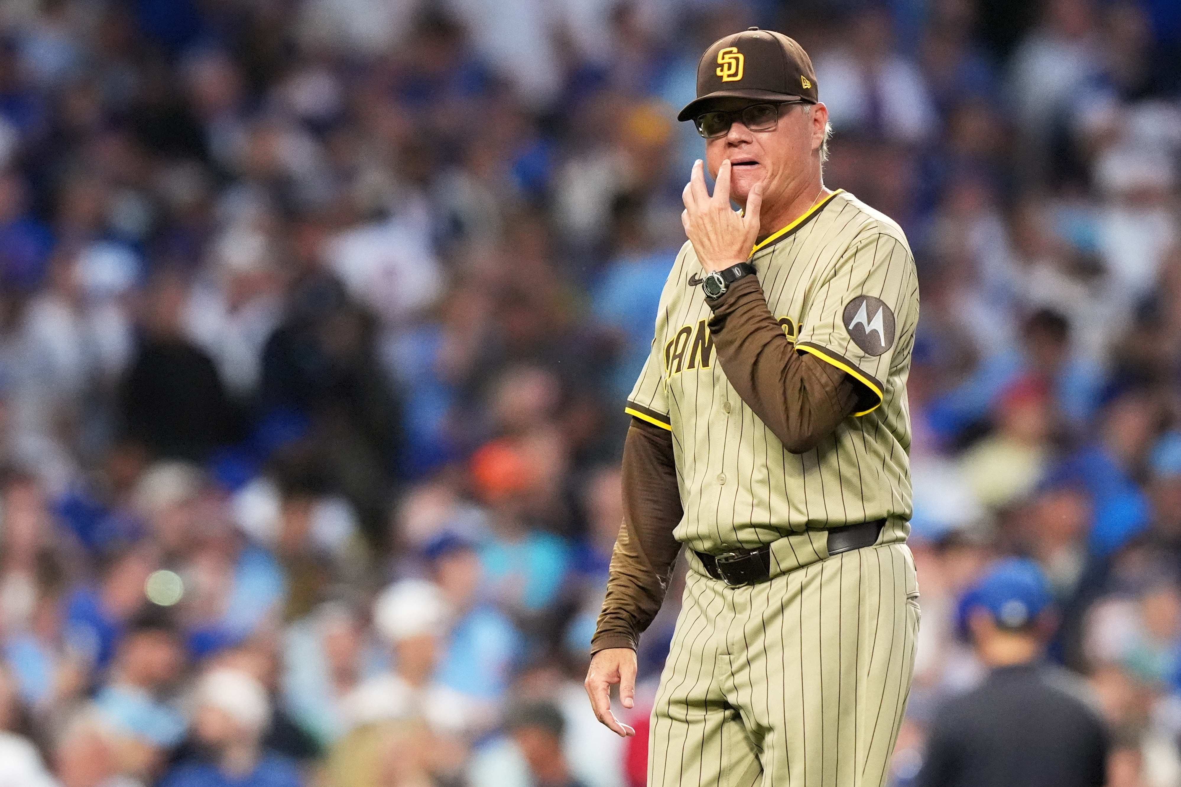 San Diego Padres manager Mike Shildt reacts during the seventh inning of Game 3 of a National League wild card baseball game against the Chicago Cubs Thursday, Oct. 2, 2025, in Chicago. 