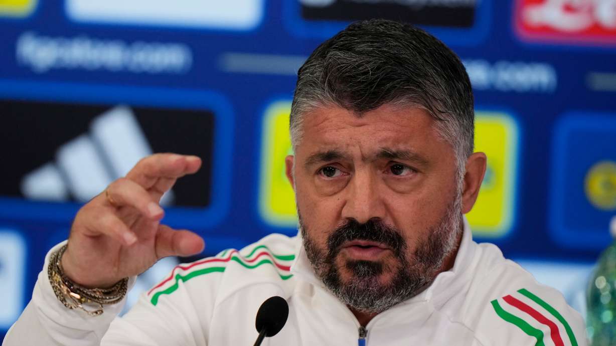 Italy's coach Gennaro Gattuso attends a new conference ahead of tomorrw's World Cup 2026, Group I qualifying soccer match between Italy and Israel at the Bluenergy Stadium in Udine, Italy, Monday, Oct.13, 2025.