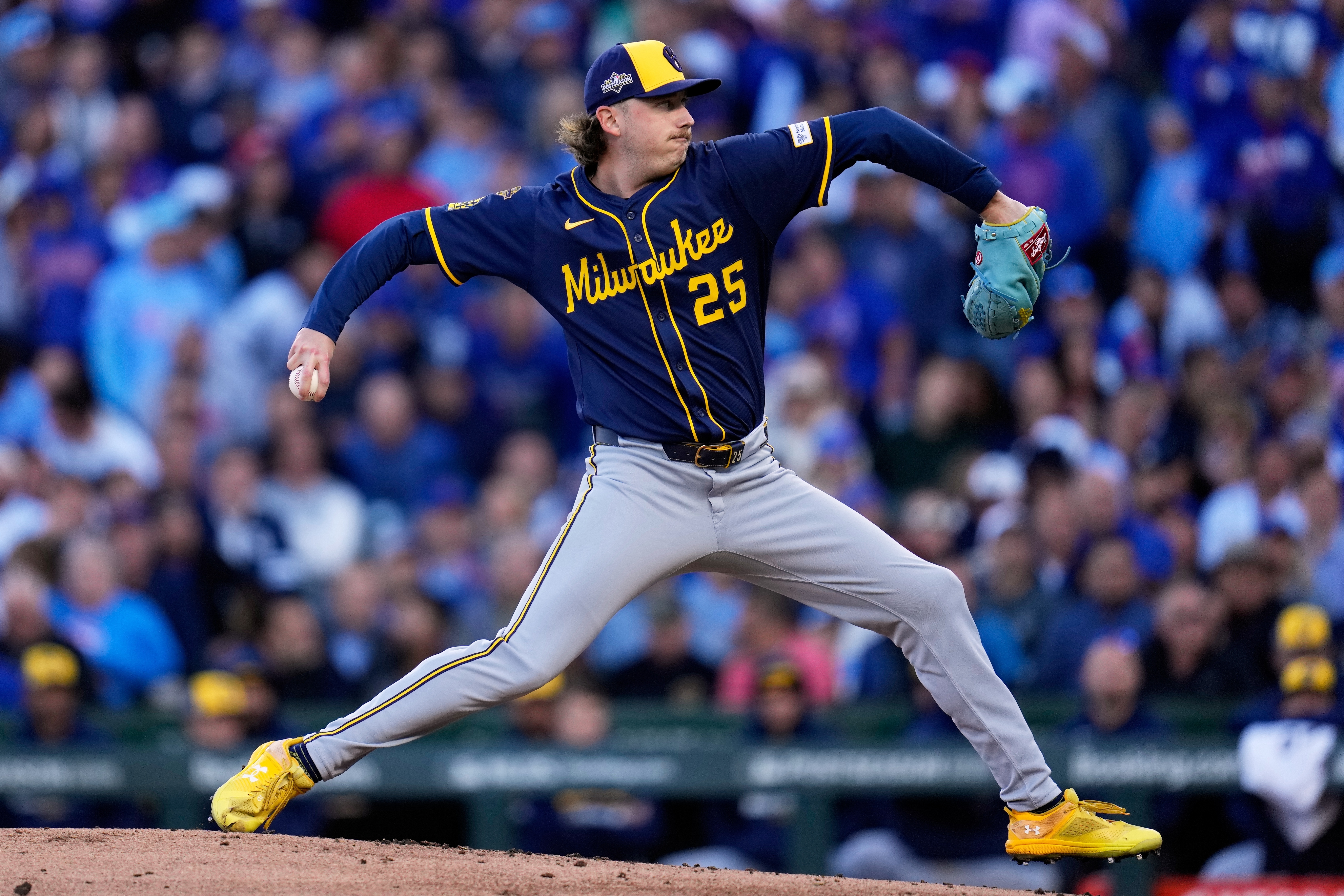 Milwaukee Brewers' Nick Mears throws during the first inning of Game 3 of baseball's National League Division Series against the Chicago Cubs Wednesday, Oct. 8, 2025, in Chicago. 