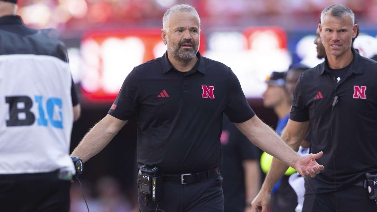 Nebraska head coach Matt Rhule questions a call during the second half of an NCAA college football game against Michigan, Saturday, Sept. 20, 2025, in Lincoln, Neb.