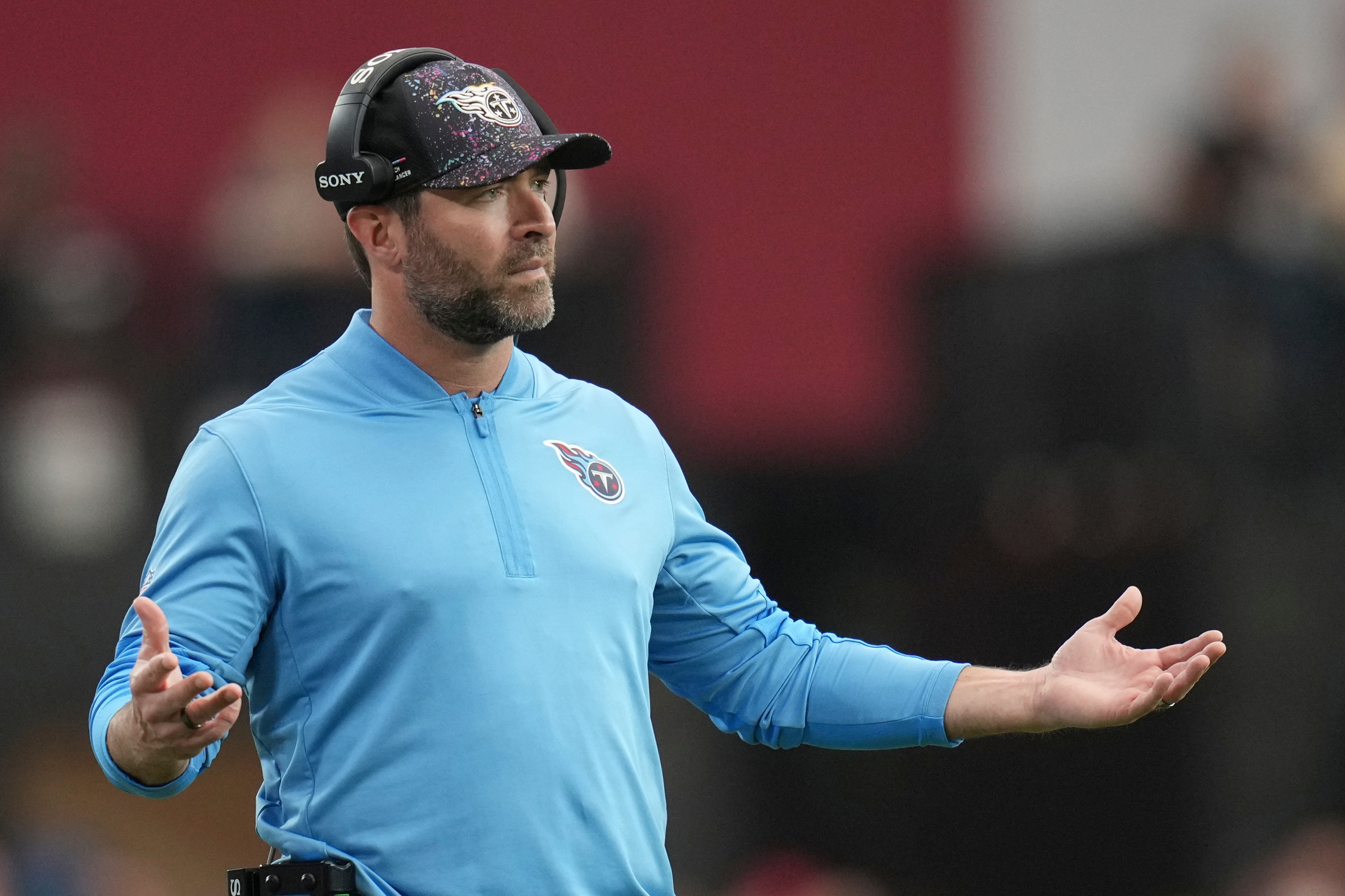 Tennessee Titans head coach Brian Callahan reacts on the sideline during the first half of an NFL football game against the Arizona Cardinals, Sunday, Oct. 5, 2025, in Glendale, Ariz. 