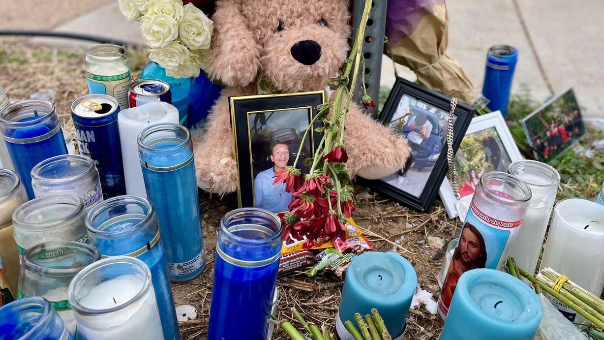 The Oct. 10, 2025, photo shows part of the memorial created in honor of Mason Caballero at Fifth Street and Gramercy Avenue, near where he was fatally shot and killed.