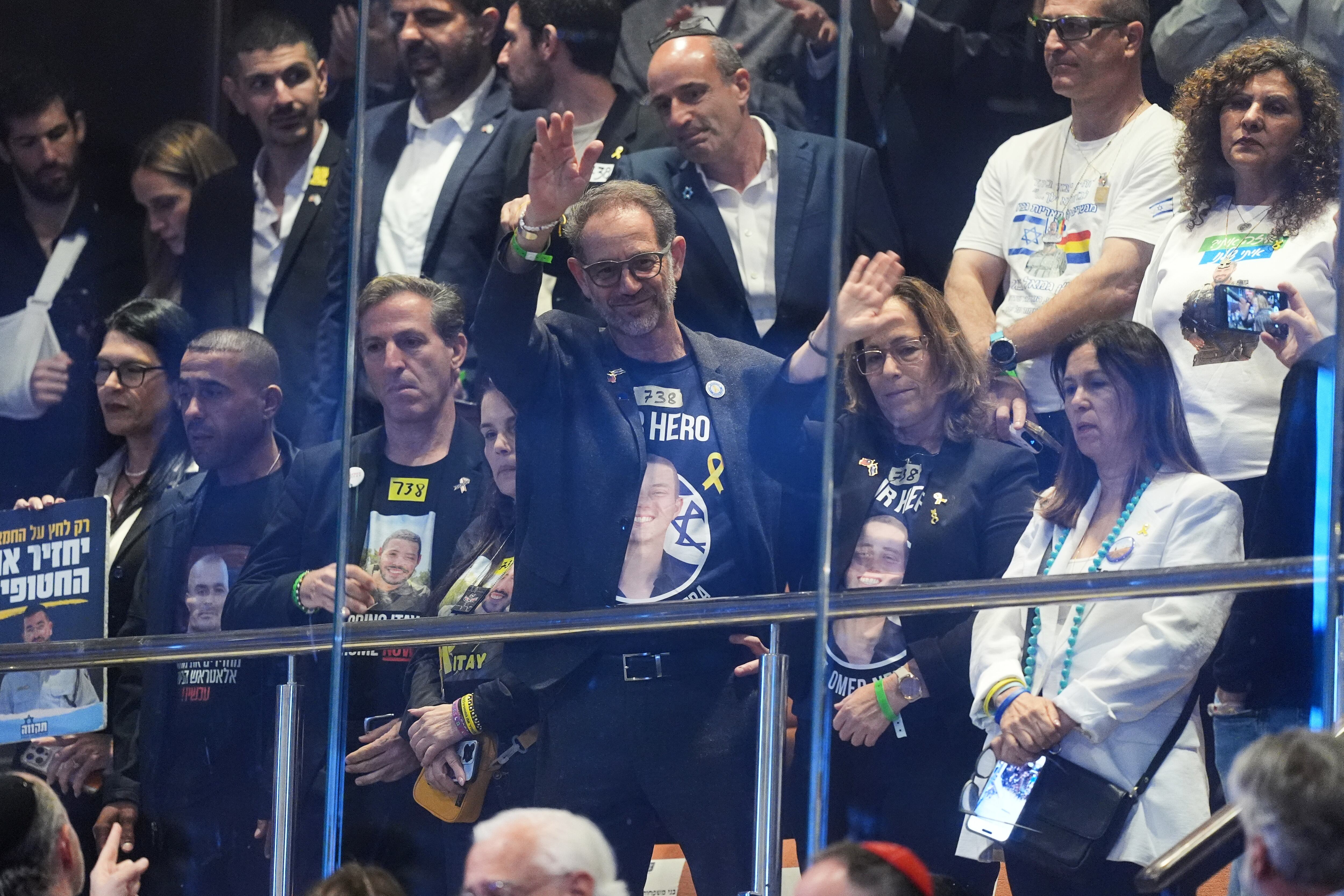 Families of hostages are recognized before President Donald Trump speaks to the Knesset, Israel's parliament, Monday, in Jerusalem.