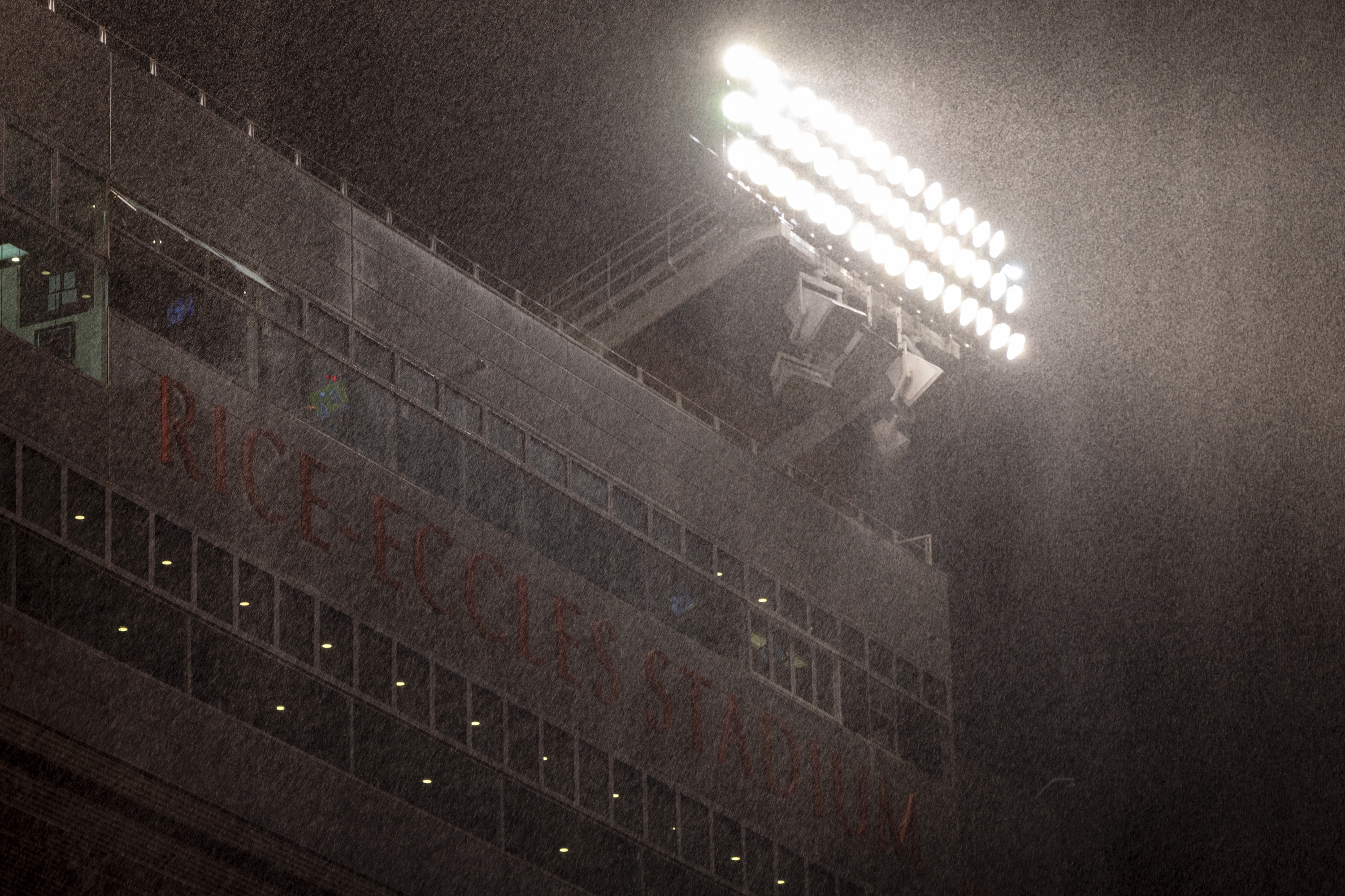 Rain falls before an NCAA football game at Rice-Eccles Stadium in Salt Lake City on Saturday. The remnants of Hurricane Priscilla delivered over an inch of rain near the university campus, and multiple inches in other parts of the state.