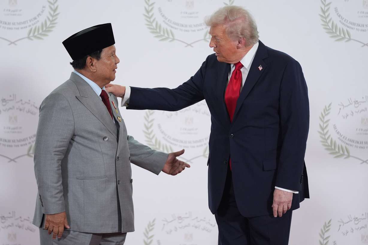 President Donald Trump greets Indonesia's President Prabowo Subianto during a summit to support ending the more than two-year Israel-Hamas war in Gaza after a breakthrough ceasefire deal, Monday, in Sharm El Sheikh, Egypt.