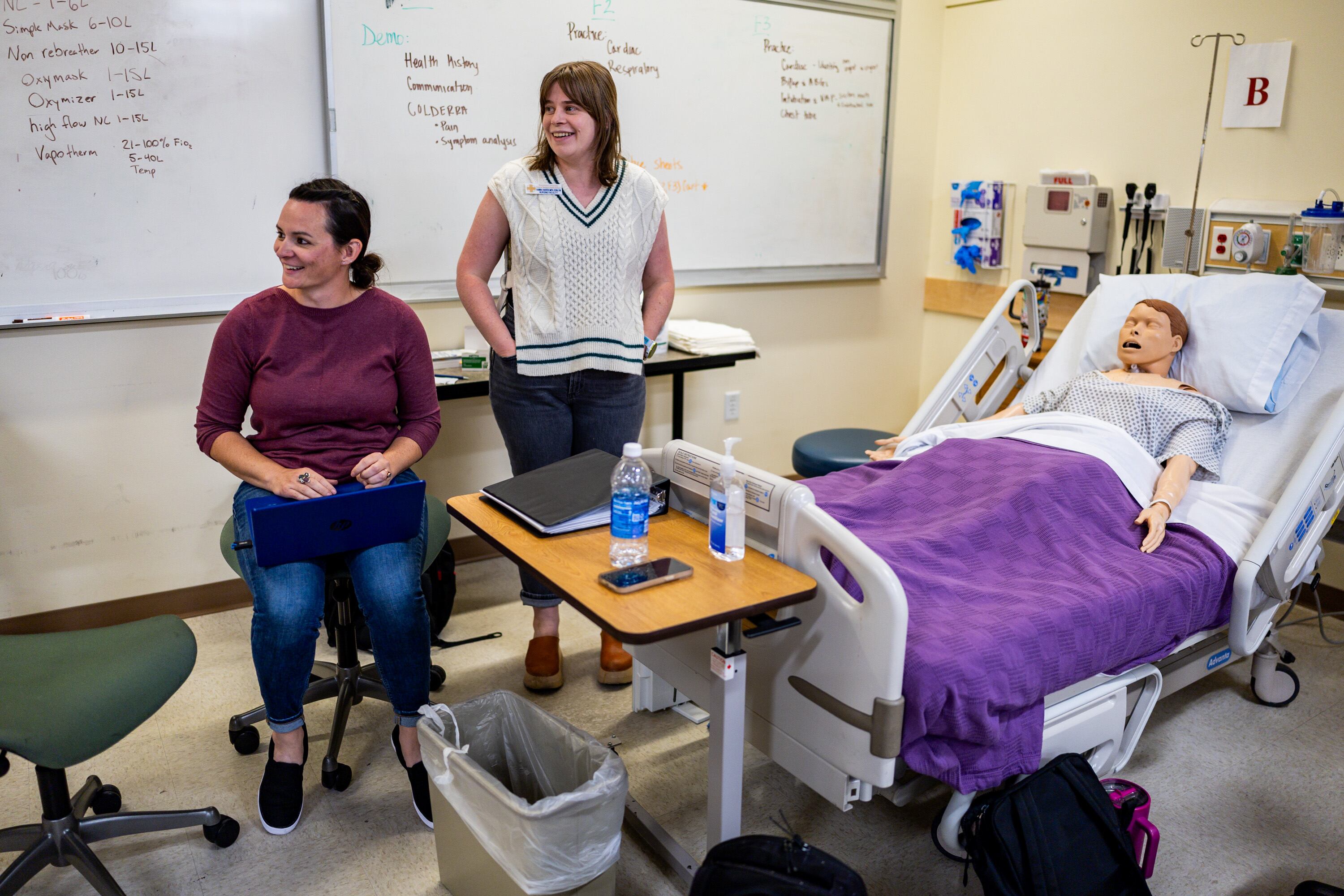 Co-instructors Michelle Carnell, left, and Hanna Harris, right, teach the Foundations 2 lab class at Westminster's School of Nursing and Health Sciences in Salt Lake City on Sept. 24.