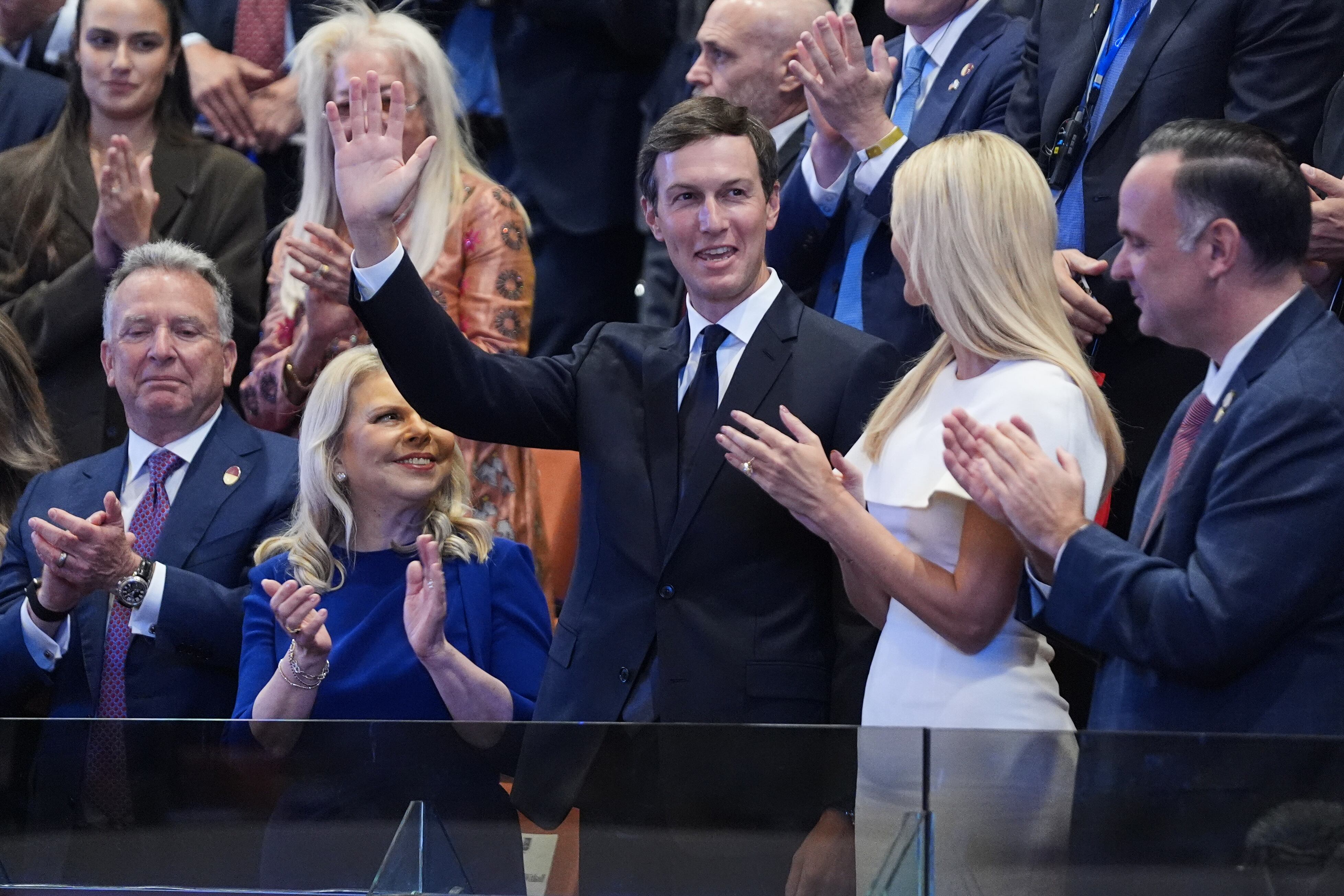 Jared Kushner waves as he is introduced before President Donald Trump speaks to the Knesset, Israel's parliament, Monday, in Jerusalem, as White House Special Envoy to the Middle East Steve Witkoff, Sara Netanyahu, Ivanka Trump and White House deputy chief of staff Dan Scavino watch.