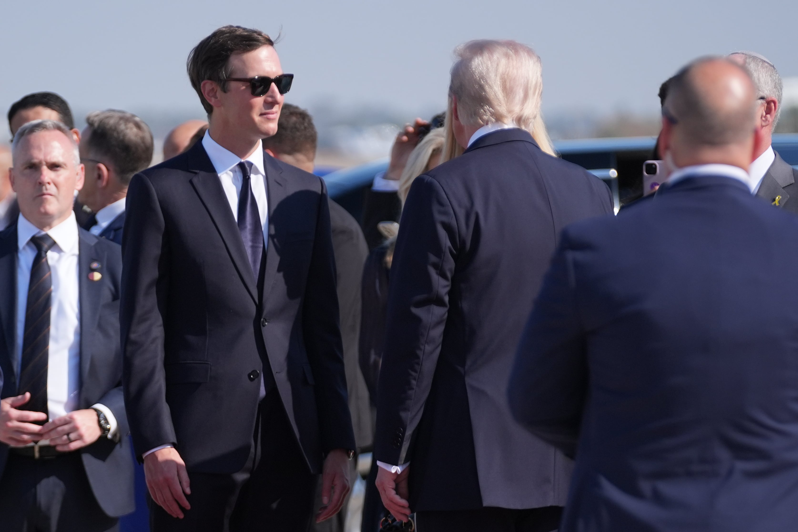 President Donald Trump greets Jared Kushner and Ivanka Trump as he arrives at Ben Gurion International Airport, Monday, near Tel Aviv.