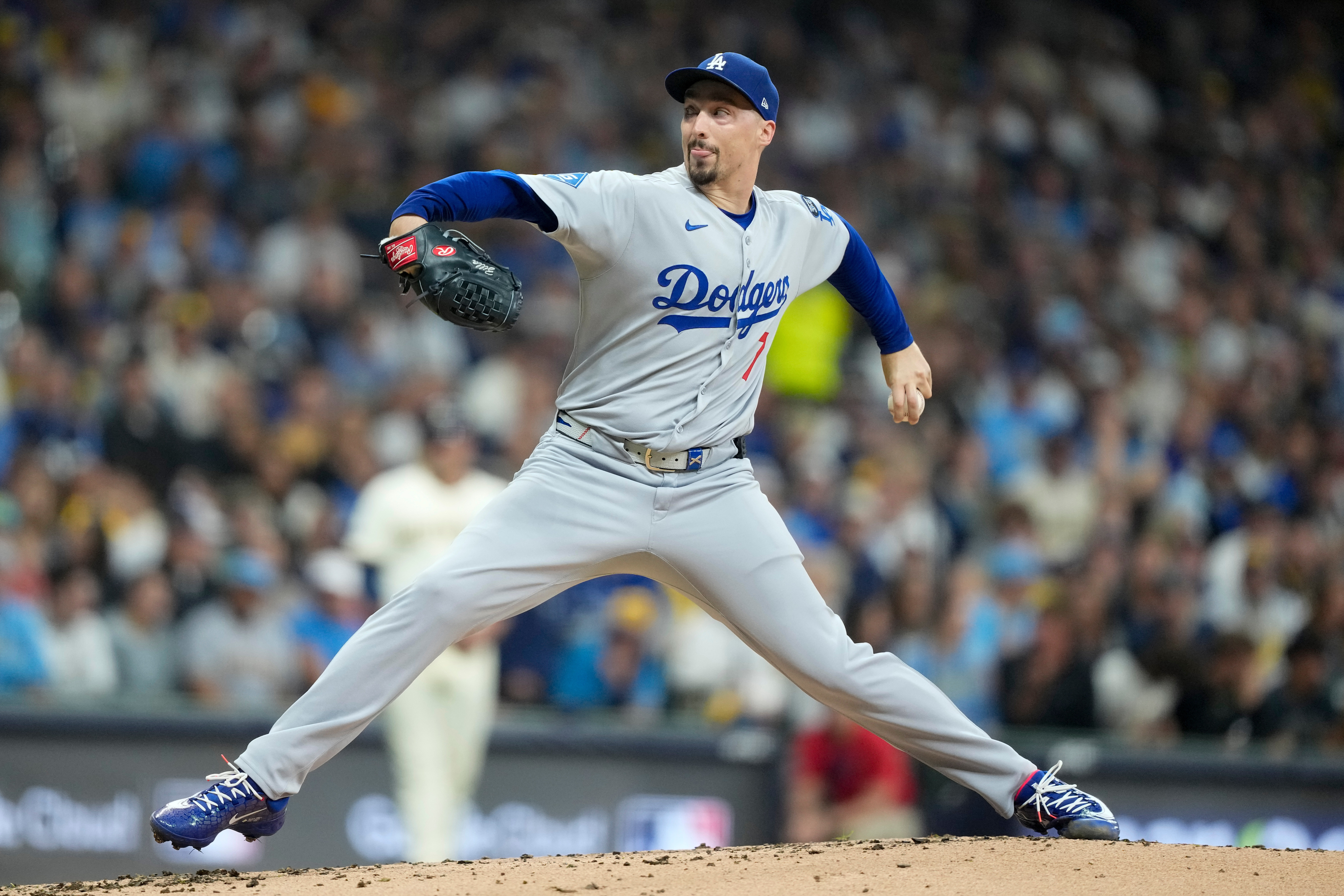 Los Angeles Dodgers pitcher Blake Snell throws against the Milwaukee Brewers during the second inning in Game 1 of baseball's National League Championship Series, Monday, Oct. 13, 2025, in Milwaukee.