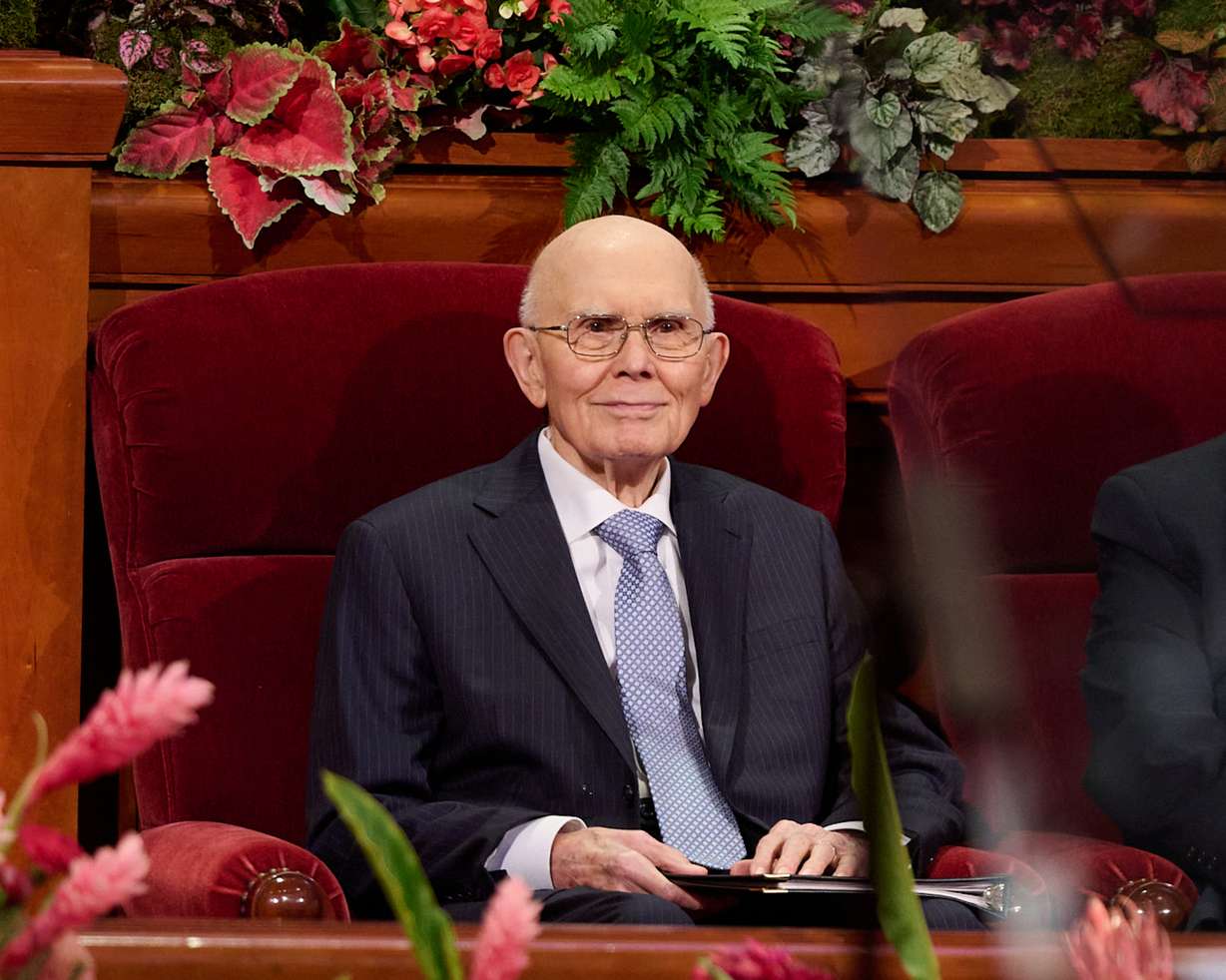 President Dallin H. Oaks smiles during general conference of The Church of Jesus Christ of Latter-day Saints on Oct. 5. He was named the 18th president of The Church of Jesus Christ of Latter-day Saints at age 93 on Tuesday.