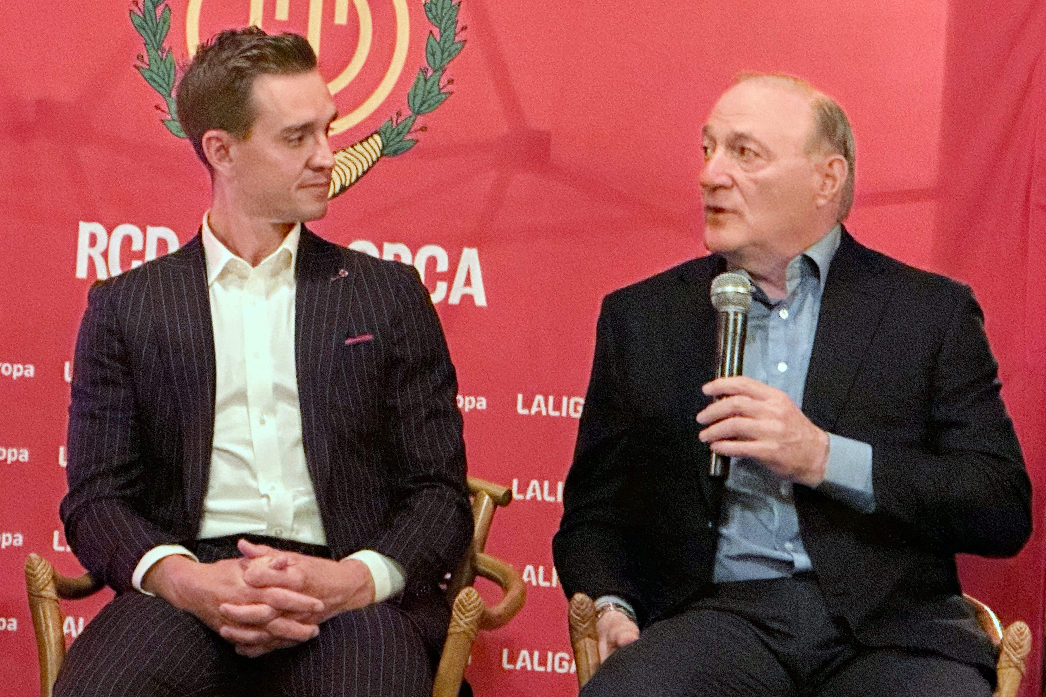 Mallorca controlling owner Andy Kohlberg, right, and former U.S. soccer national team star Stuart Holden, left, a Mallorca co-owner, speak Tuesday, Oct. 14, 2025, at Maxwell Social in New York to promote the club’s marketing efforts in the United States. 