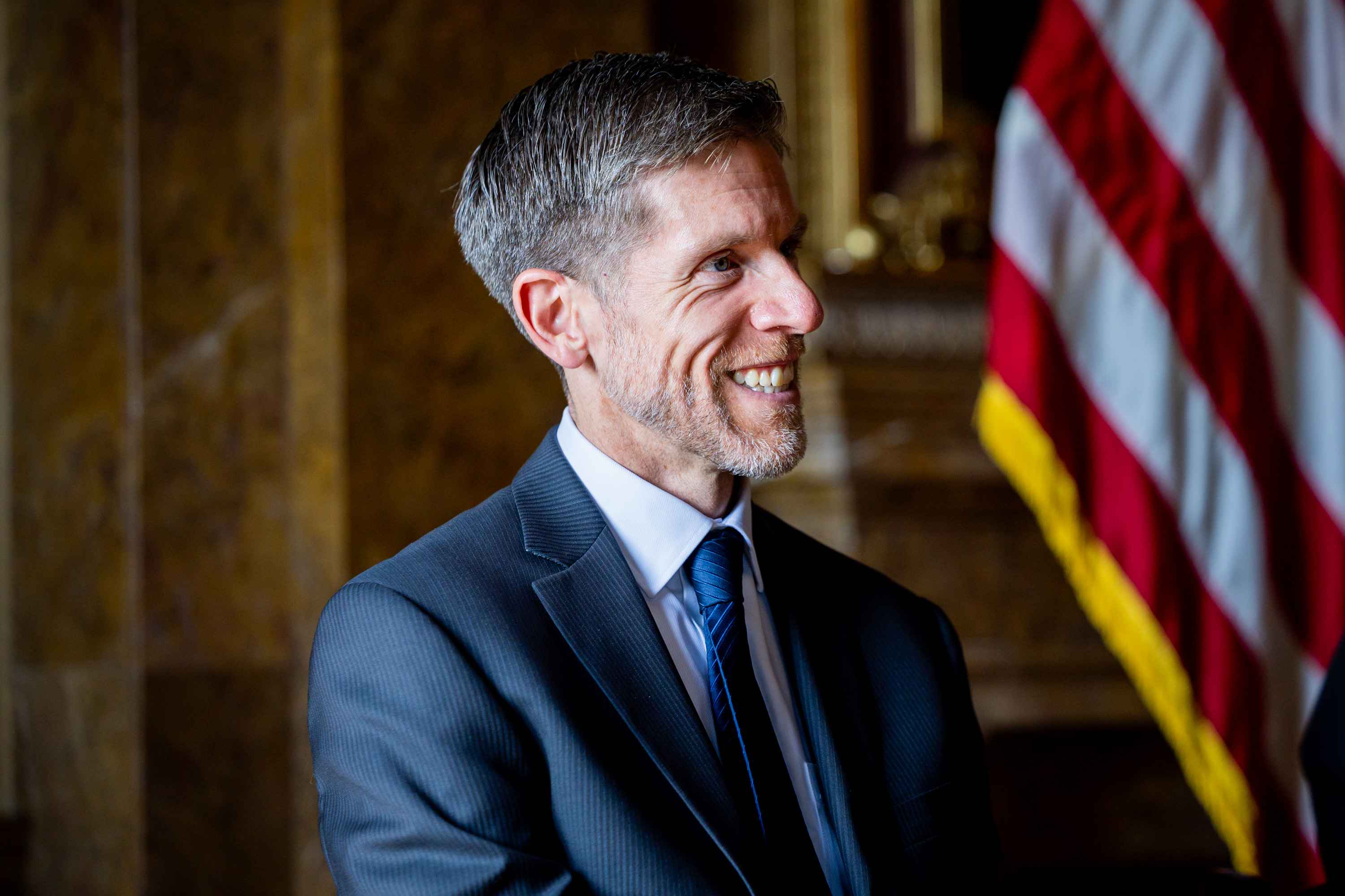 Judge John Nielsen smiles at Gov. Spencer Cox’s press conference for Cox’s nomination of Judge John Nielsen for the Utah Supreme Court at the Capitol in Salt Lake City on Tuesday.