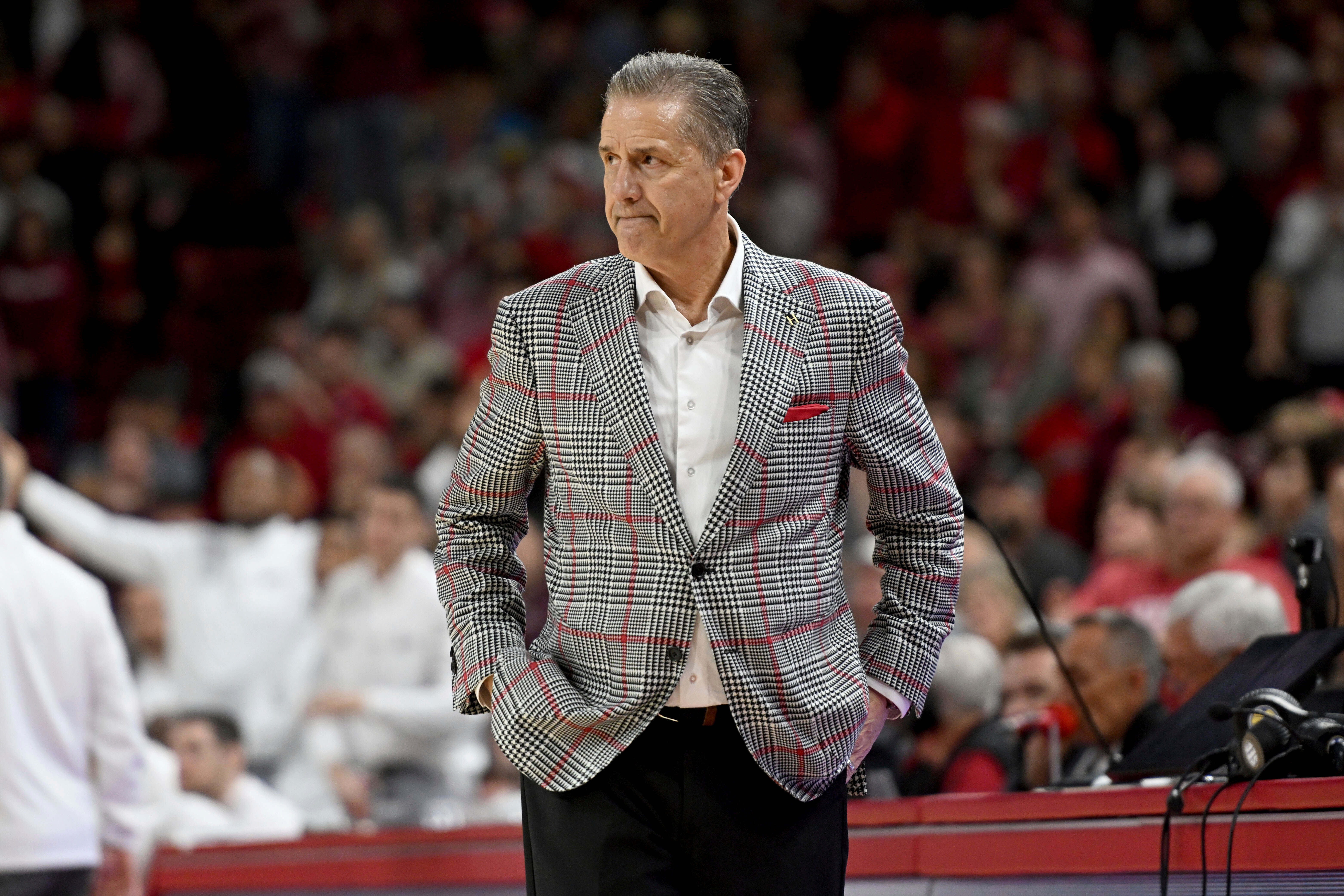 FILE - Arkansas coach John Calipari stands on the sidelines against Mississippi State during an NCAA college basketball game, March 8, 2025, in Fayetteville, Ark.