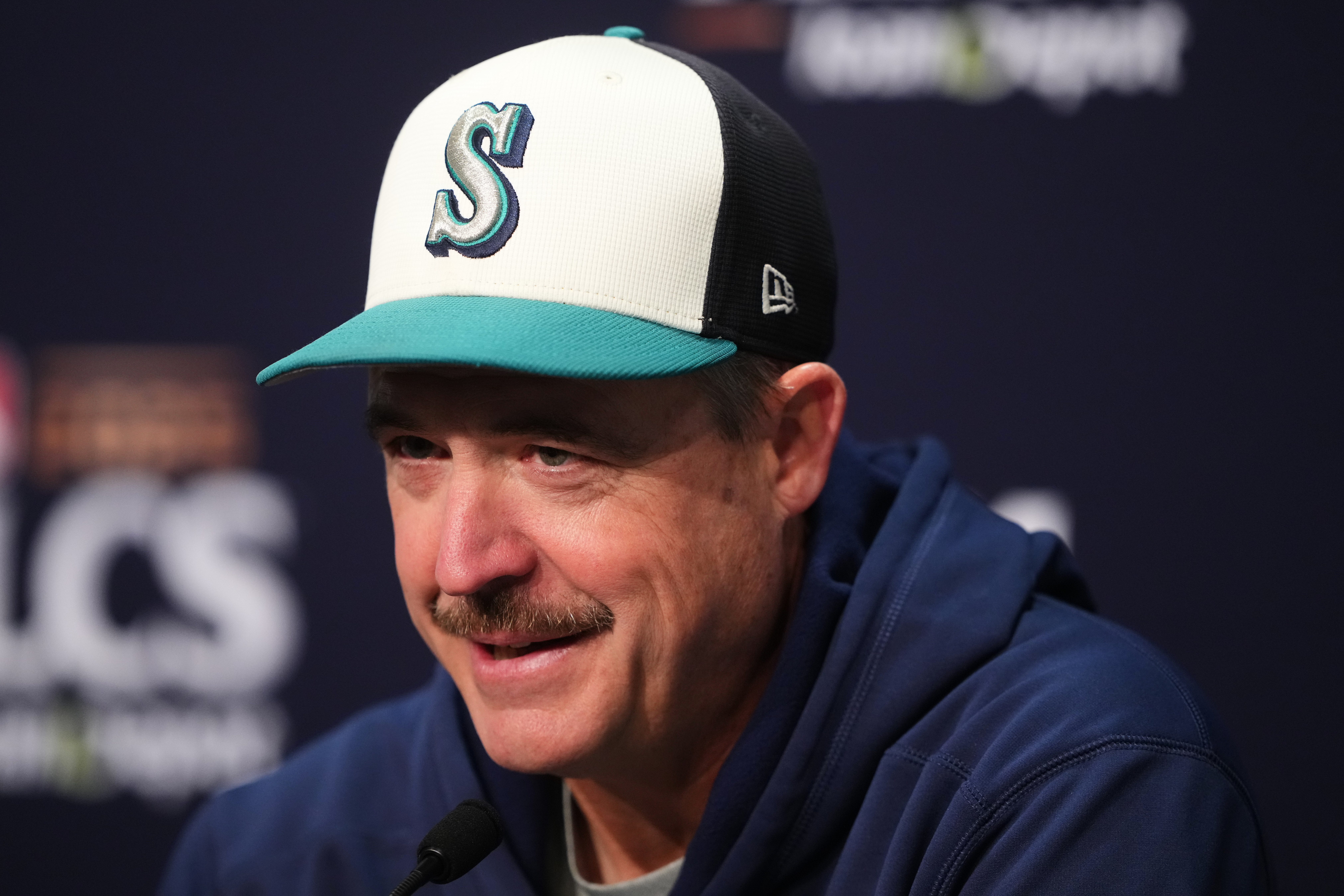 Seattle Mariners manager Dan Wilson speaks during a media availability the day before Game 3 of baseball's American League Championship Series against the Toronto Blue Jays, Tuesday, Oct. 14, 2025, in Seattle. 